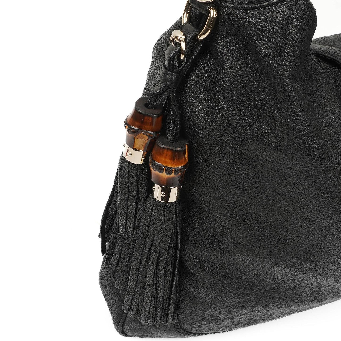 Gucci Jackie Black Leather Bamboo Tassel Large Hobo Bag