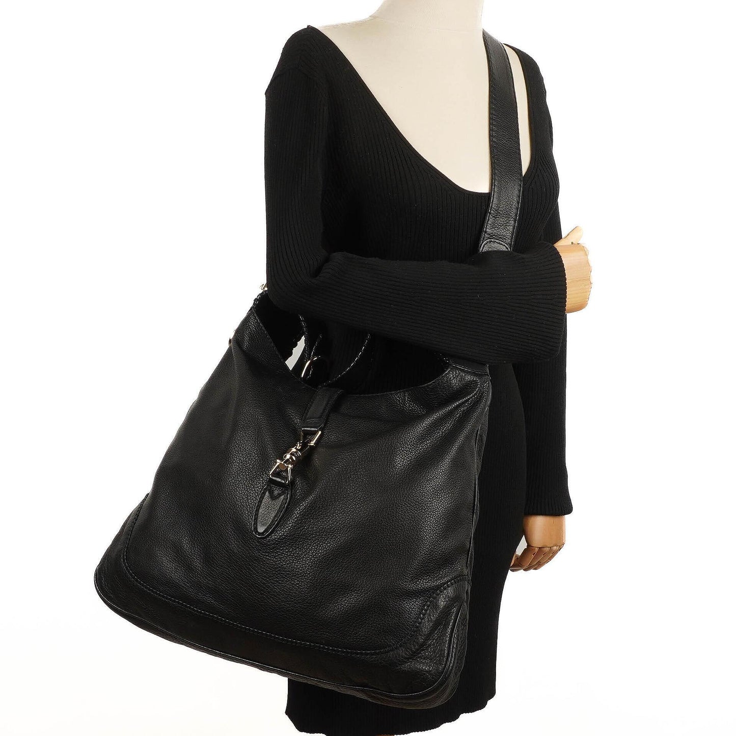 Gucci Jackie Black Leather Bamboo Tassel Large Hobo Bag
