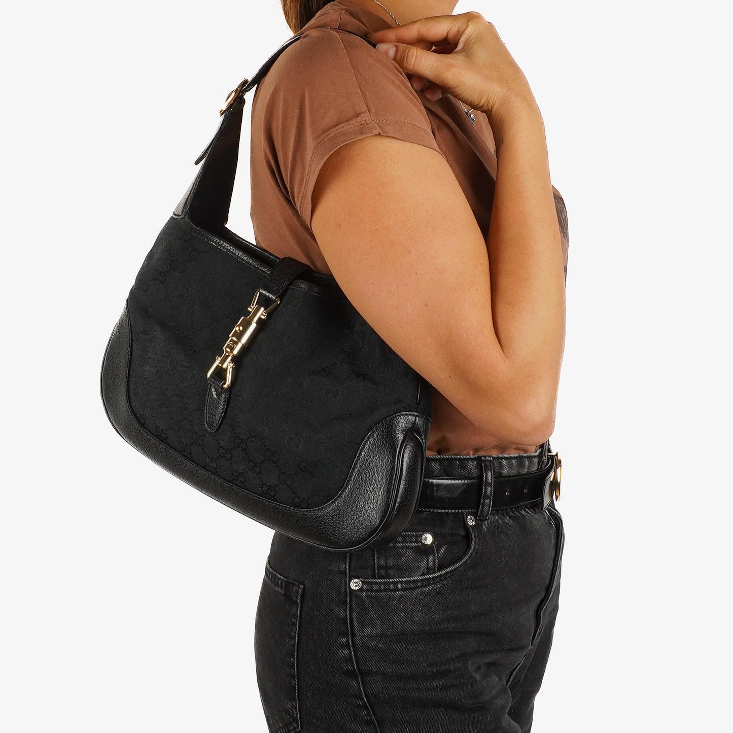 Gucci Jackie Medium Vintage Shoulder Bag Black/Dark Navy GG Canvas And Leather