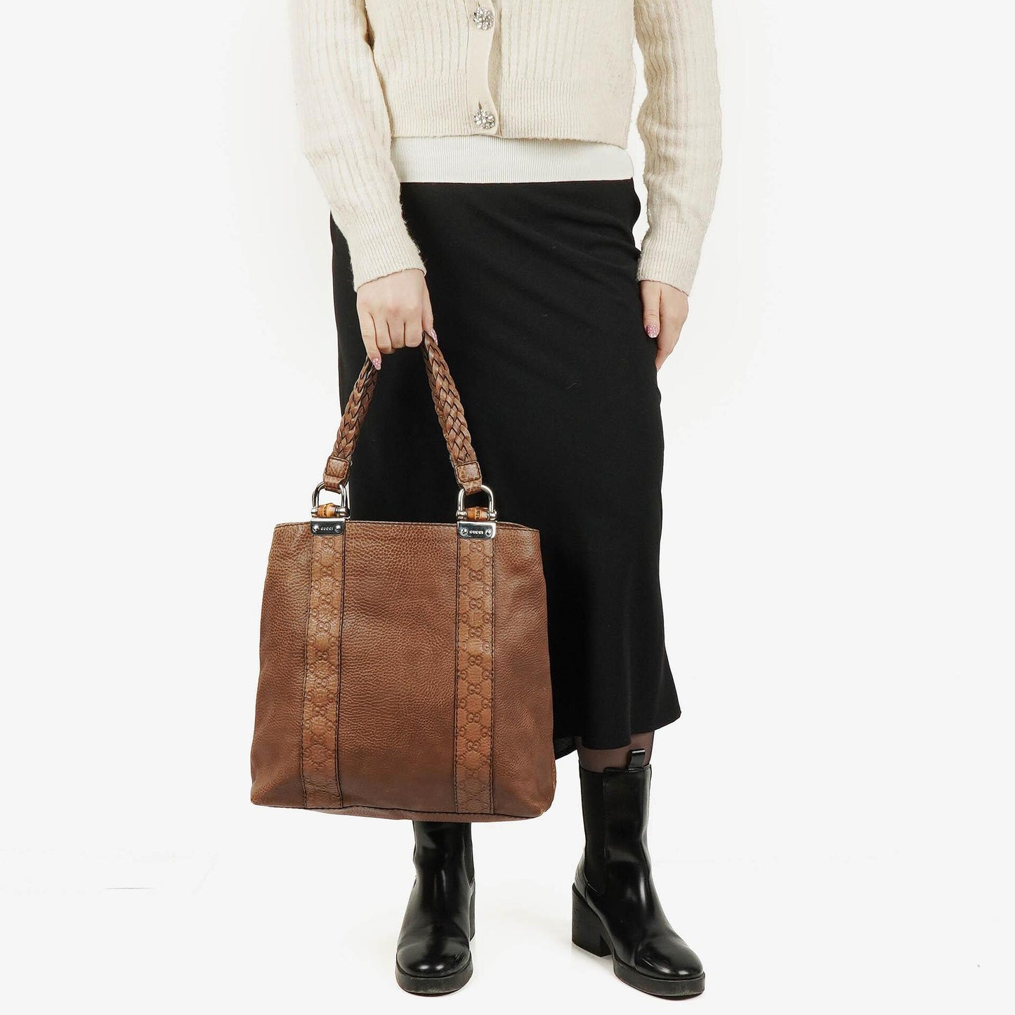Gucci Leather Bamboo Bar Braided Handles Tote Bag