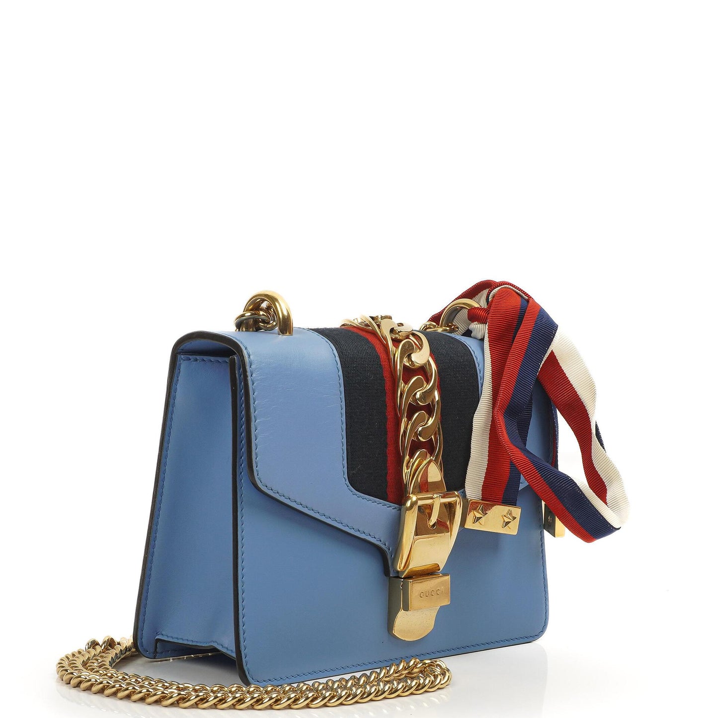 Gucci Mini Sylvie Flap Chain Bag Web Stripe Clear Sky Blue Calfskin