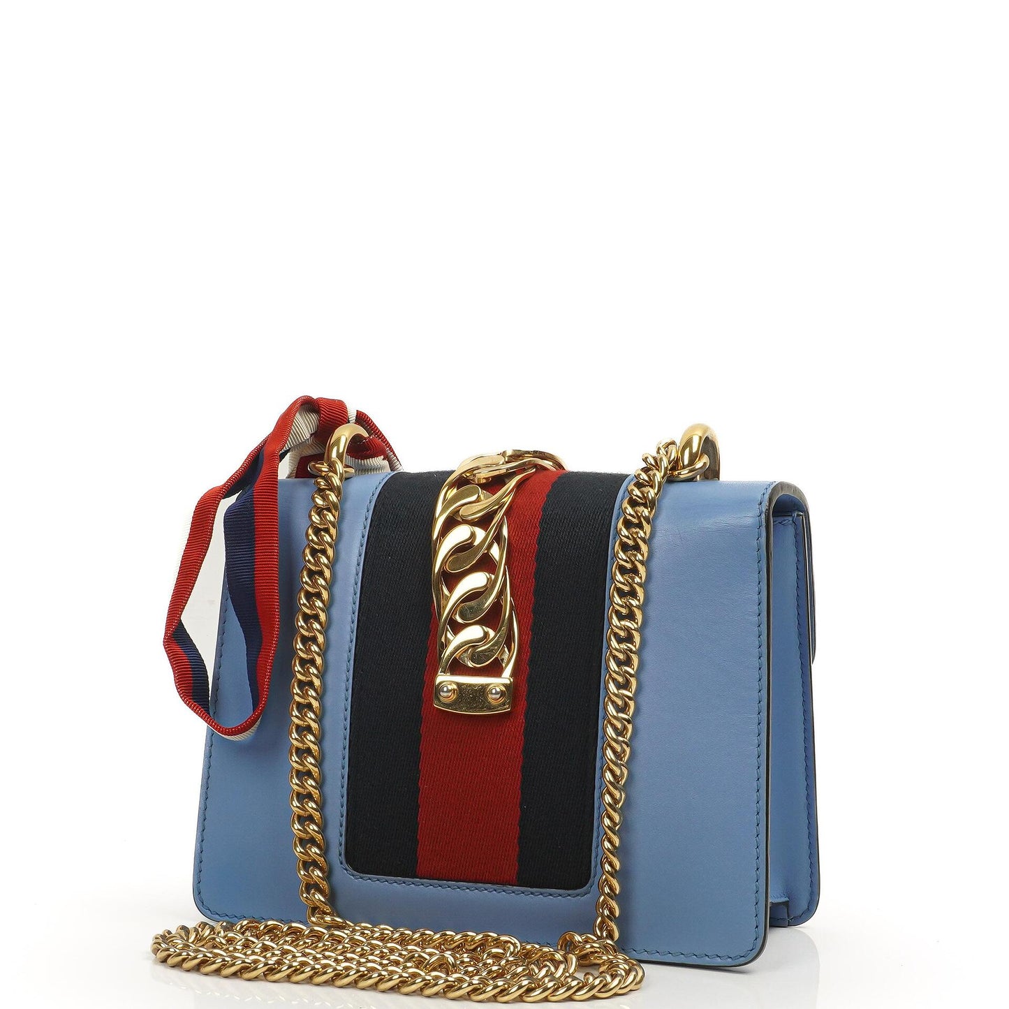 Gucci Mini Sylvie Flap Chain Bag Web Stripe Clear Sky Blue Calfskin