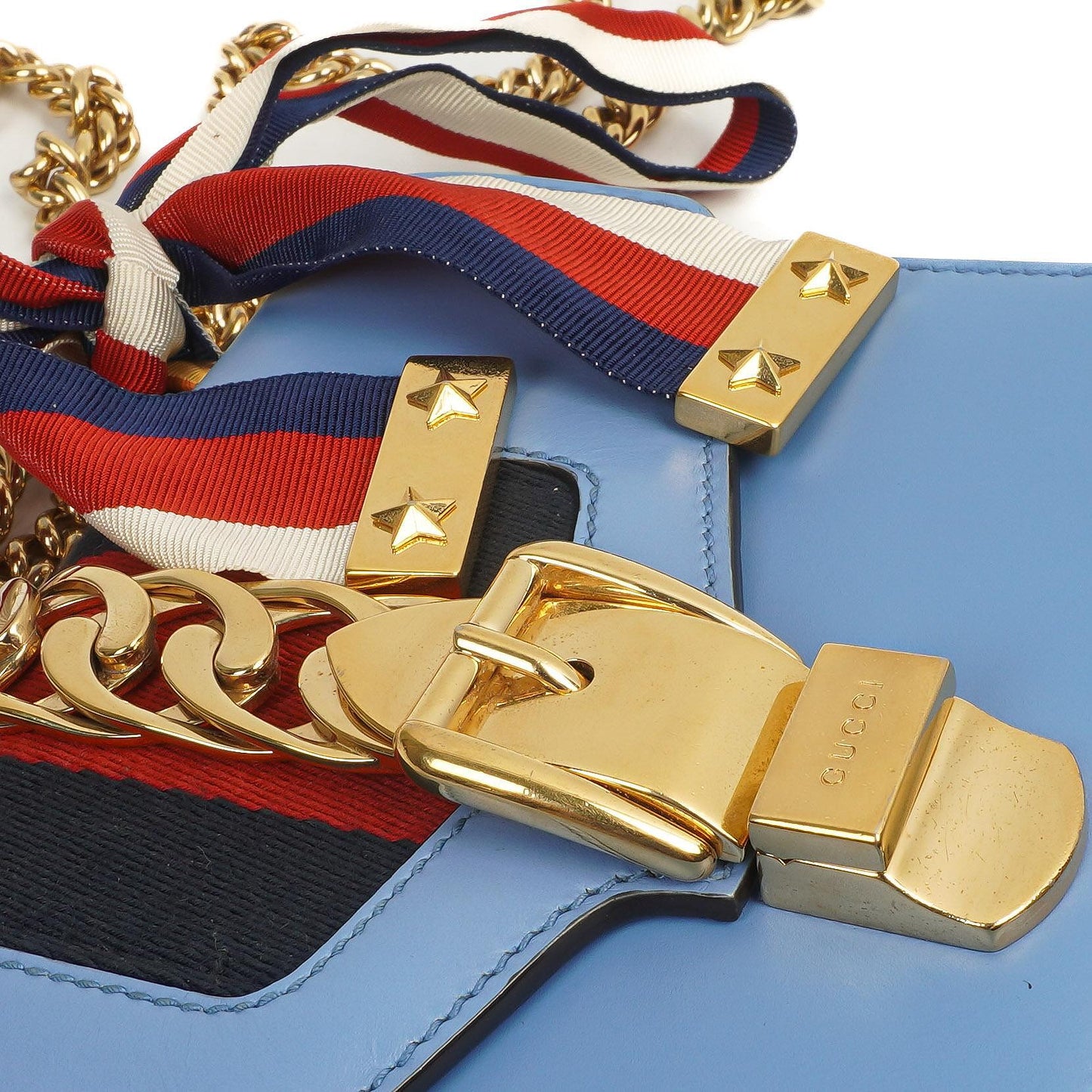 Gucci Mini Sylvie Flap Chain Bag Web Stripe Clear Sky Blue Calfskin