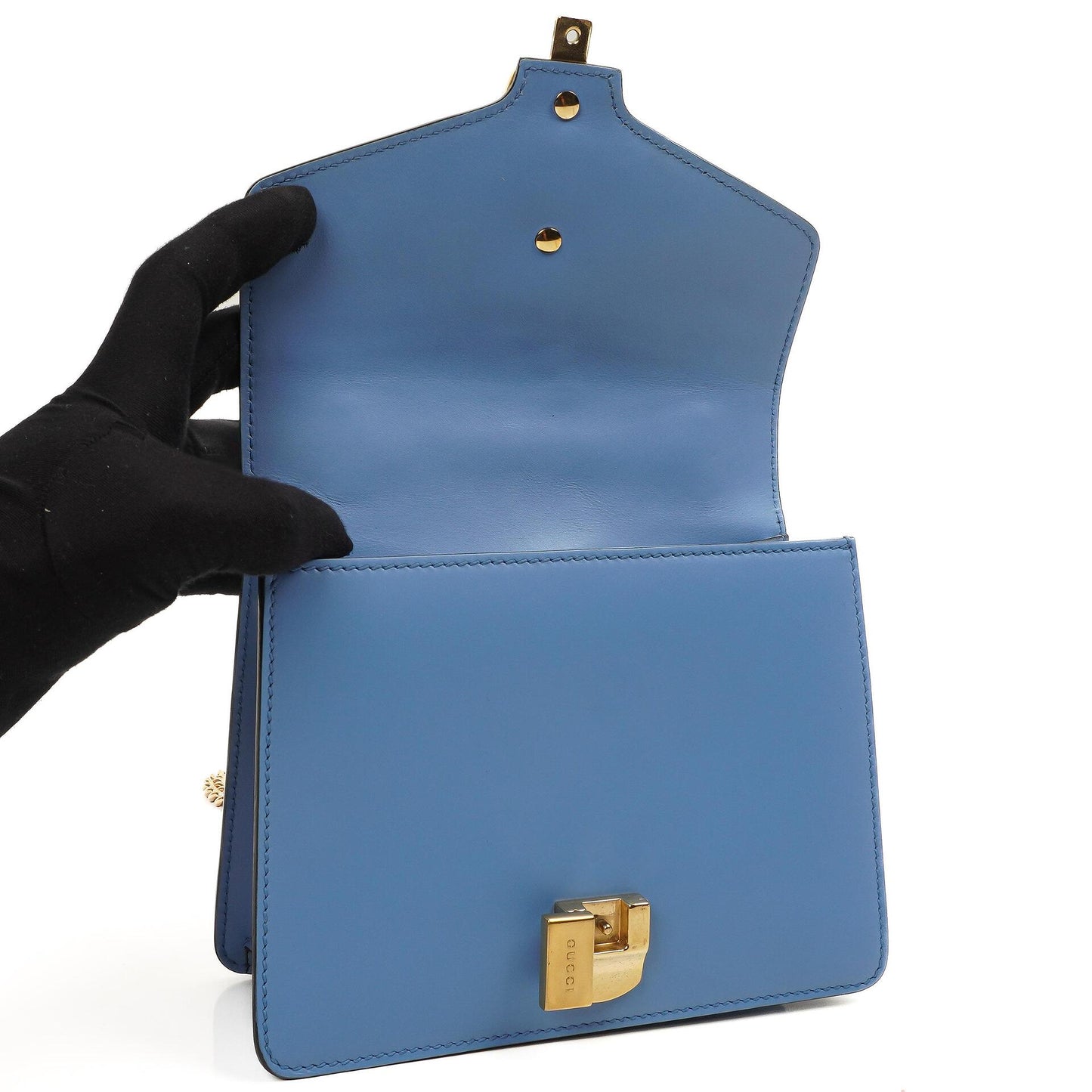 Gucci Mini Sylvie Flap Chain Bag Web Stripe Clear Sky Blue Calfskin