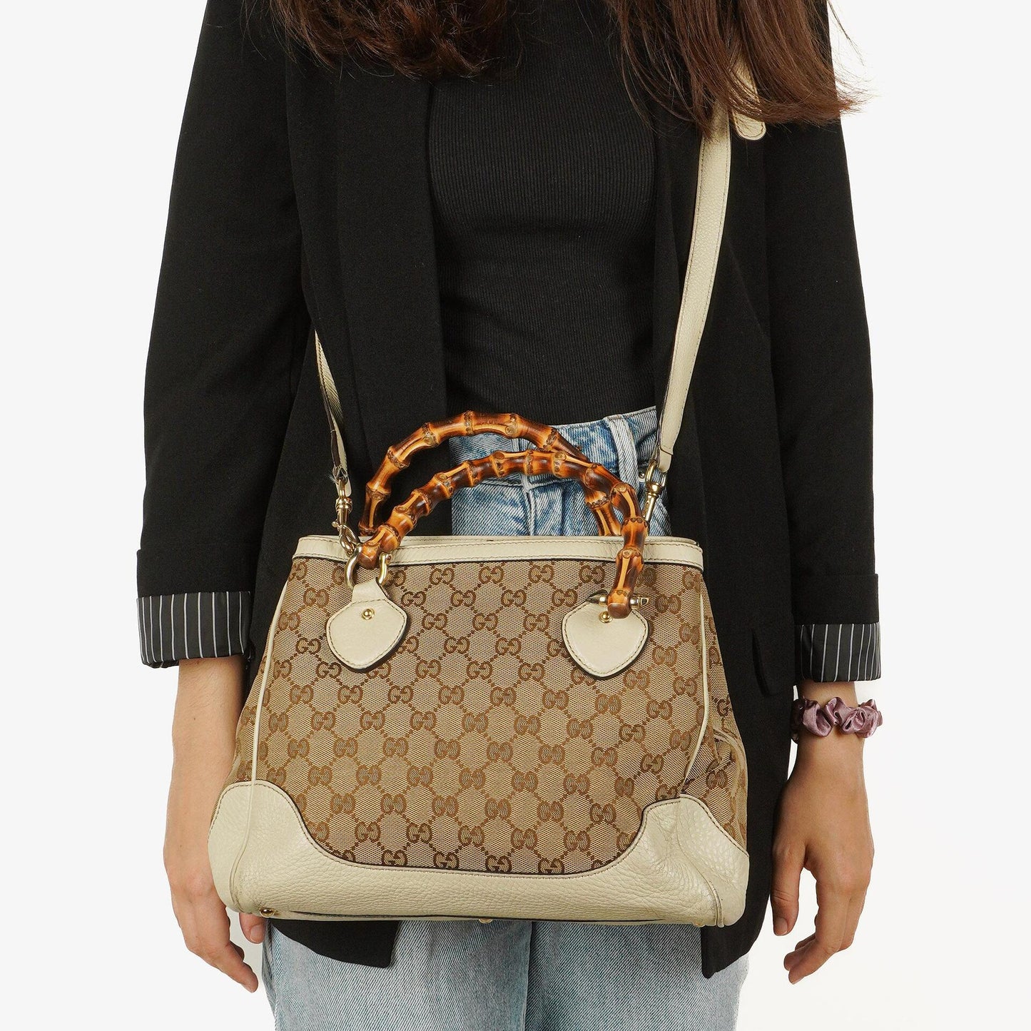 Gucci Monogram Canvas Ivory Diana Bamboo Top Handle Tote