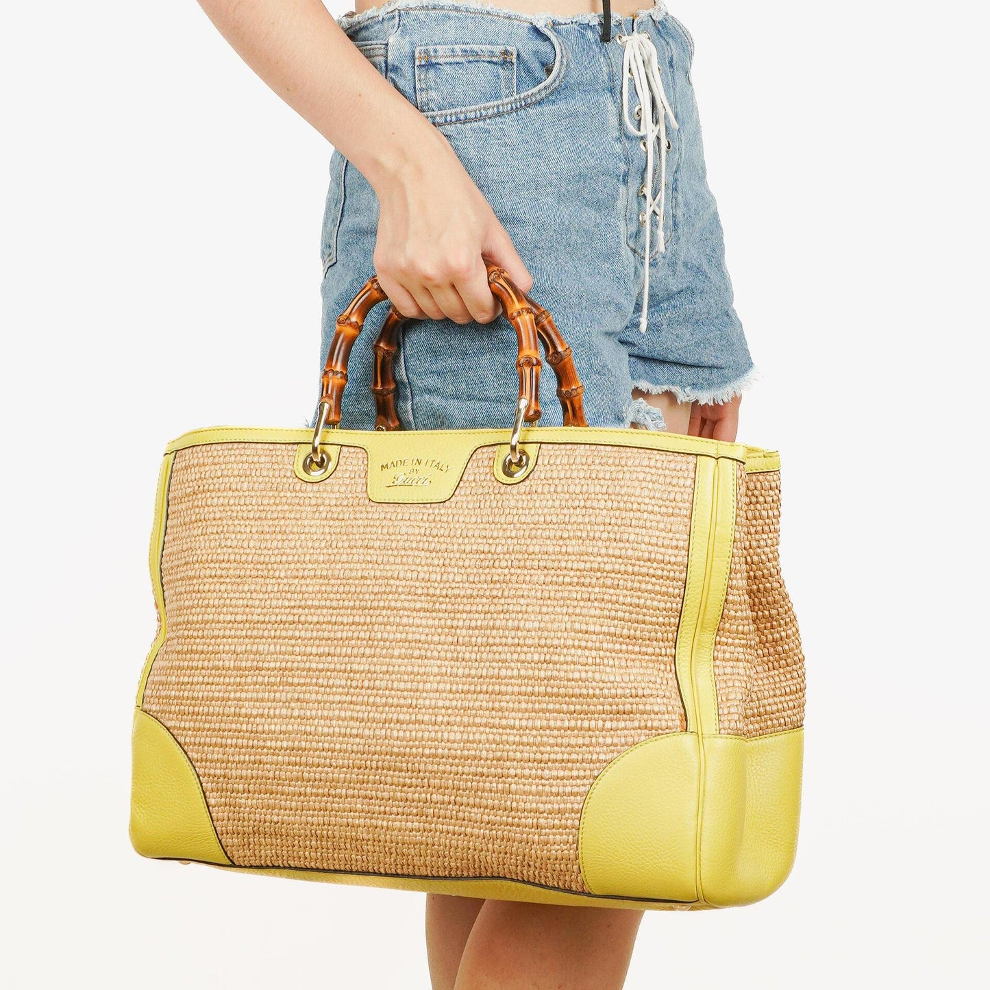 Gucci Natural Woven Straw and Leather Bamboo Shopper Tote Bag