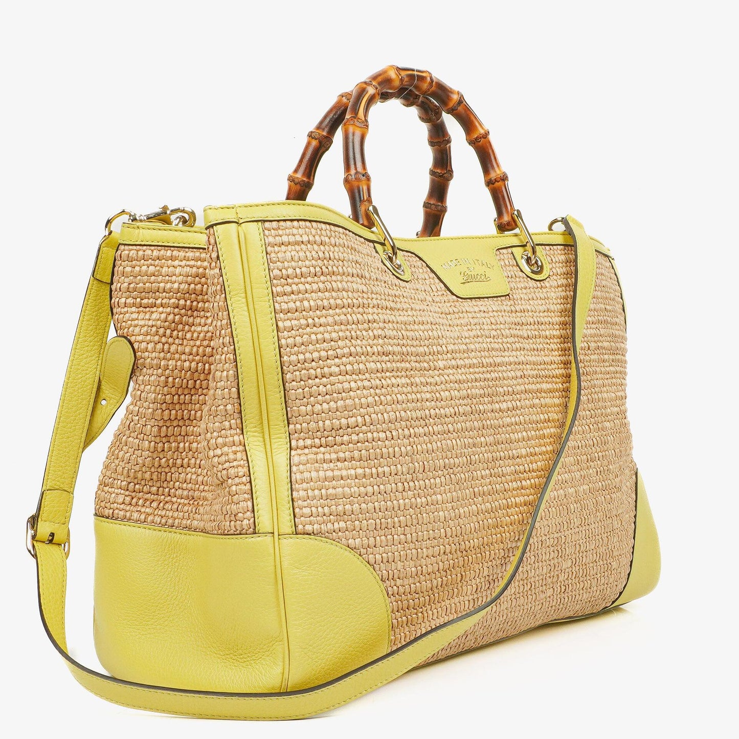 Gucci Natural Woven Straw and Leather Bamboo Shopper Tote Bag