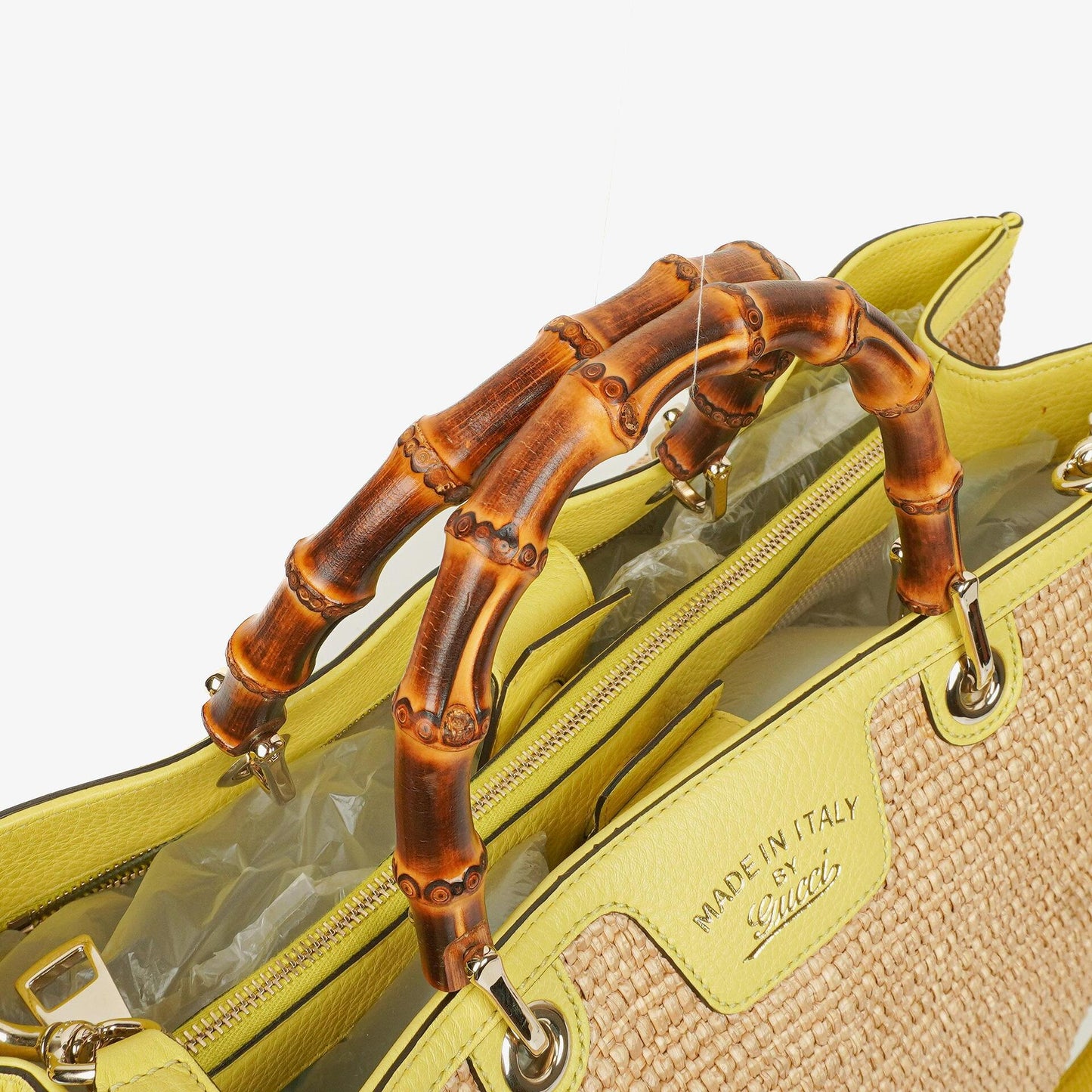 Gucci Natural Woven Straw and Leather Bamboo Shopper Tote Bag