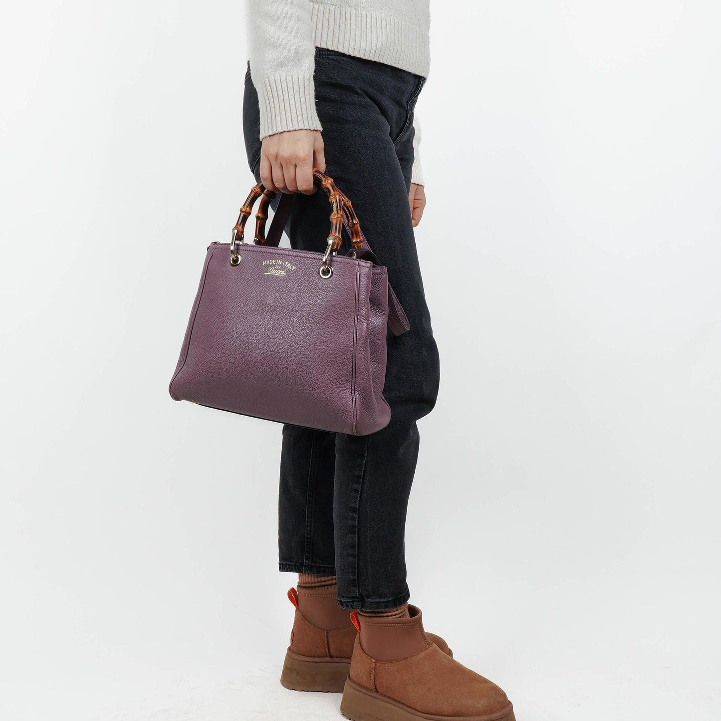 Gucci Purple Pebbled Calfskin Mini Bamboo Tote Bag
