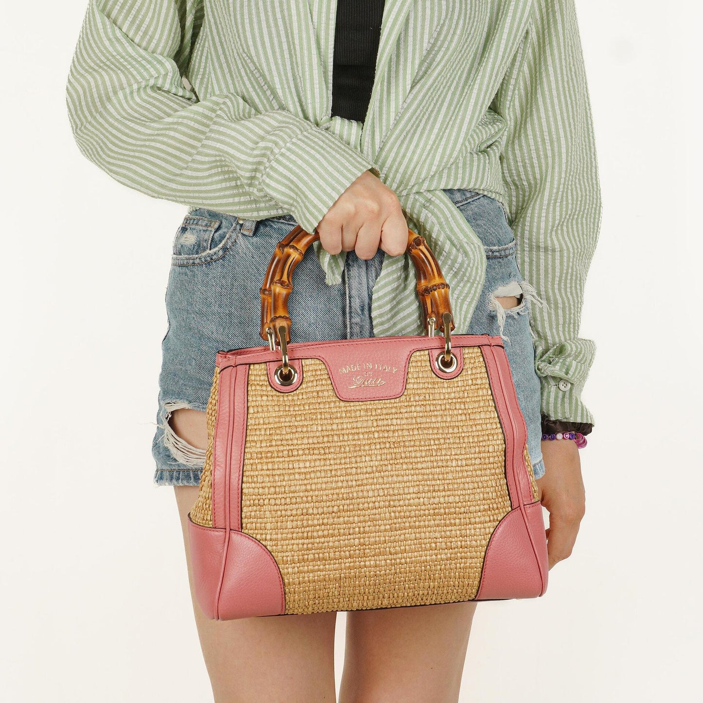 Gucci Shopper Bamboo Raffia Tote Bag