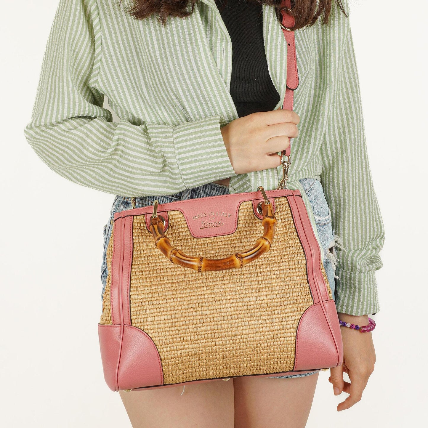 Gucci Shopper Bamboo Raffia Tote Bag