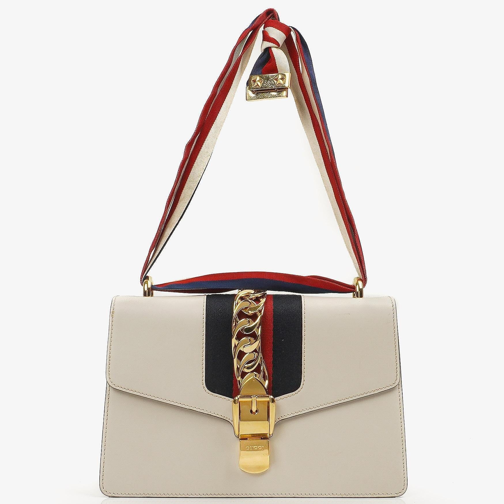 Gucci Small Sylvie Web Stripe Flap Shoulder Bag Ivory Off White Calfskin
