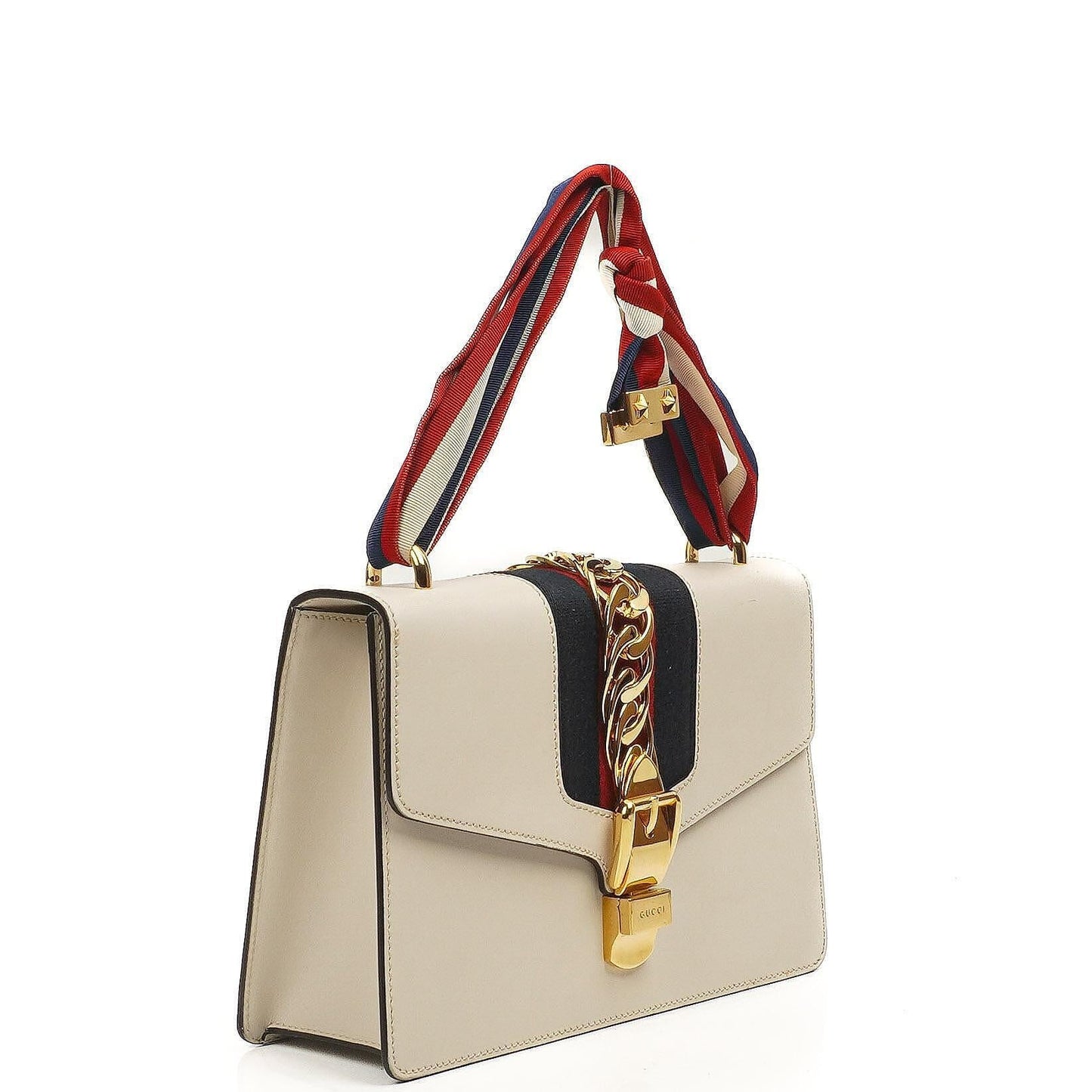Gucci Small Sylvie Web Stripe Flap Shoulder Bag Ivory Off White Calfskin