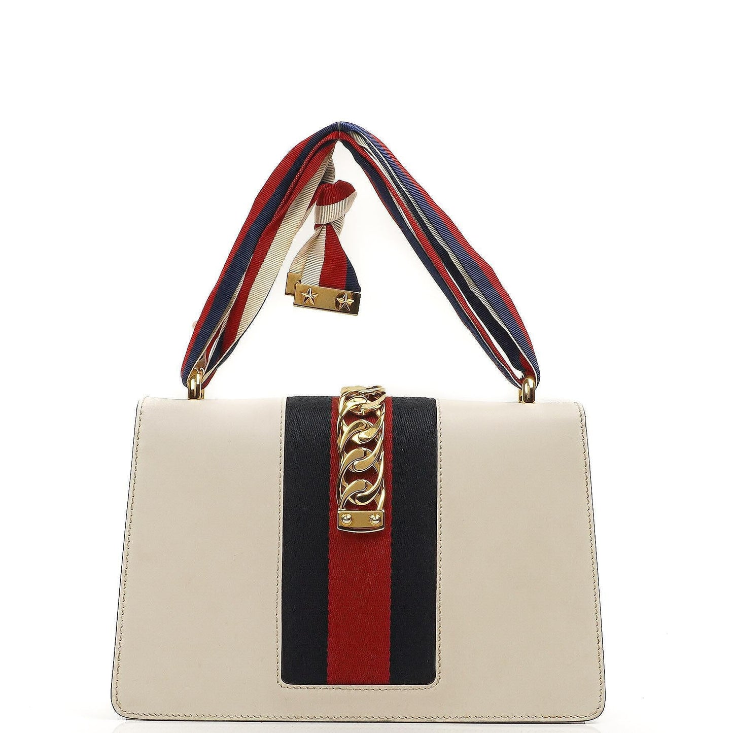 Gucci Small Sylvie Web Stripe Flap Shoulder Bag Ivory Off White Calfskin