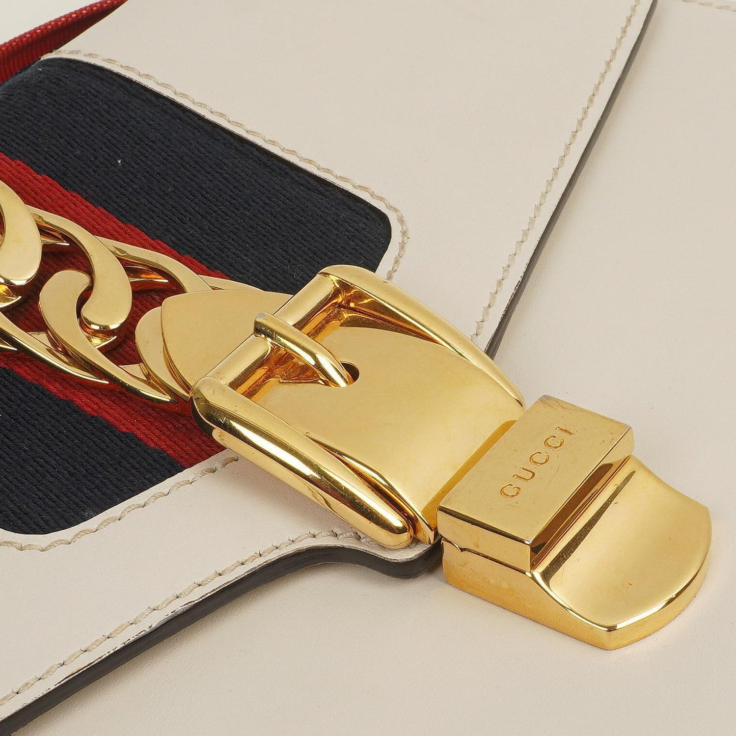 Gucci Small Sylvie Web Stripe Flap Shoulder Bag Ivory Off White Calfskin