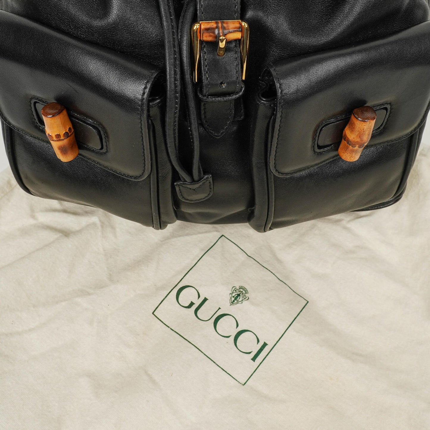Gucci Vintage Black Leather Bamboo Backpack