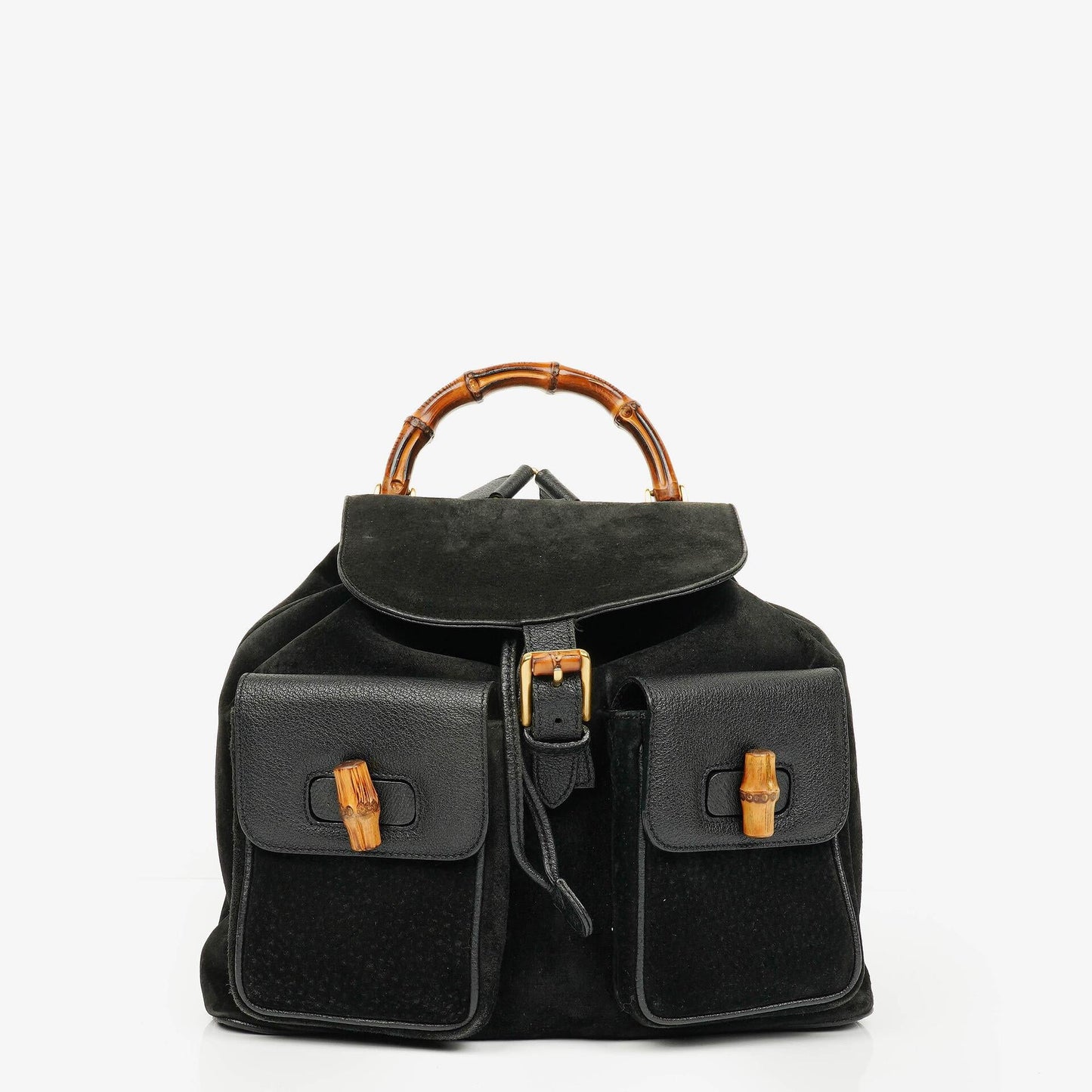 Gucci Vintage Black Suede and Bamboo Backpack