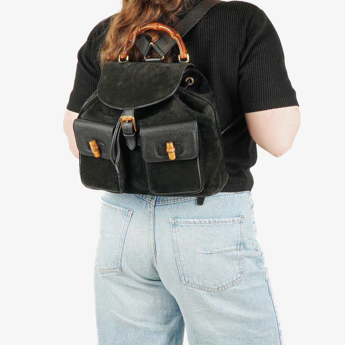 Gucci Vintage Black Suede and Bamboo Backpack