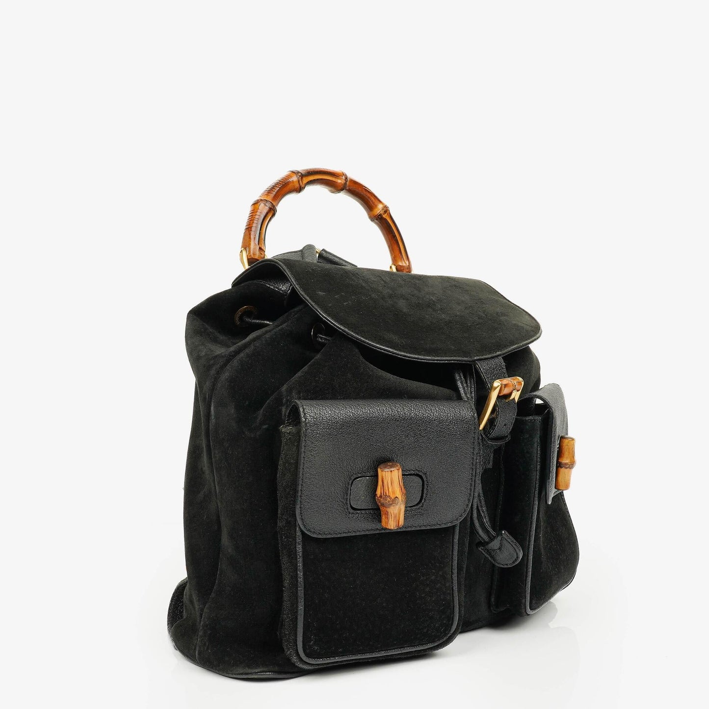 Gucci Vintage Black Suede and Bamboo Backpack