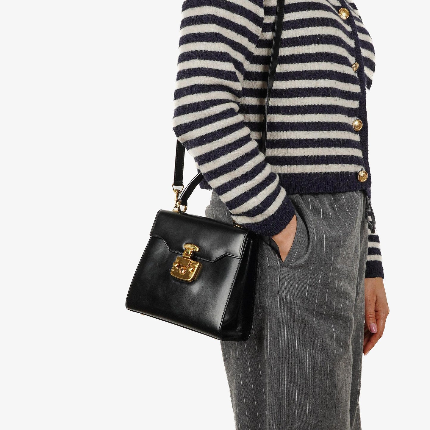 Gucci Vintage Kelly Lady Lock Convertible Black Leather Shoulder Bag