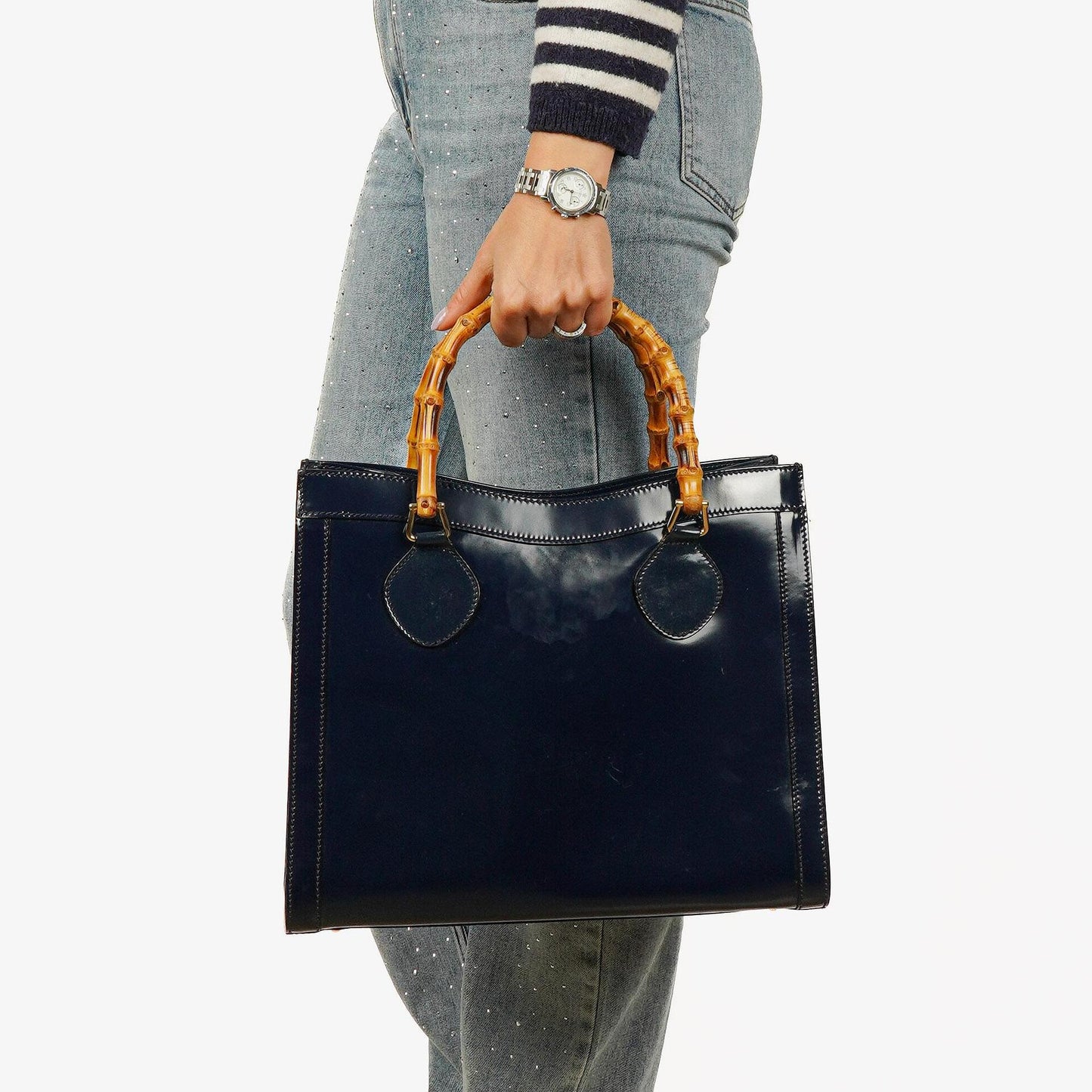 Gucci Vintage Patent Leather Navy Diana Bamboo Tote