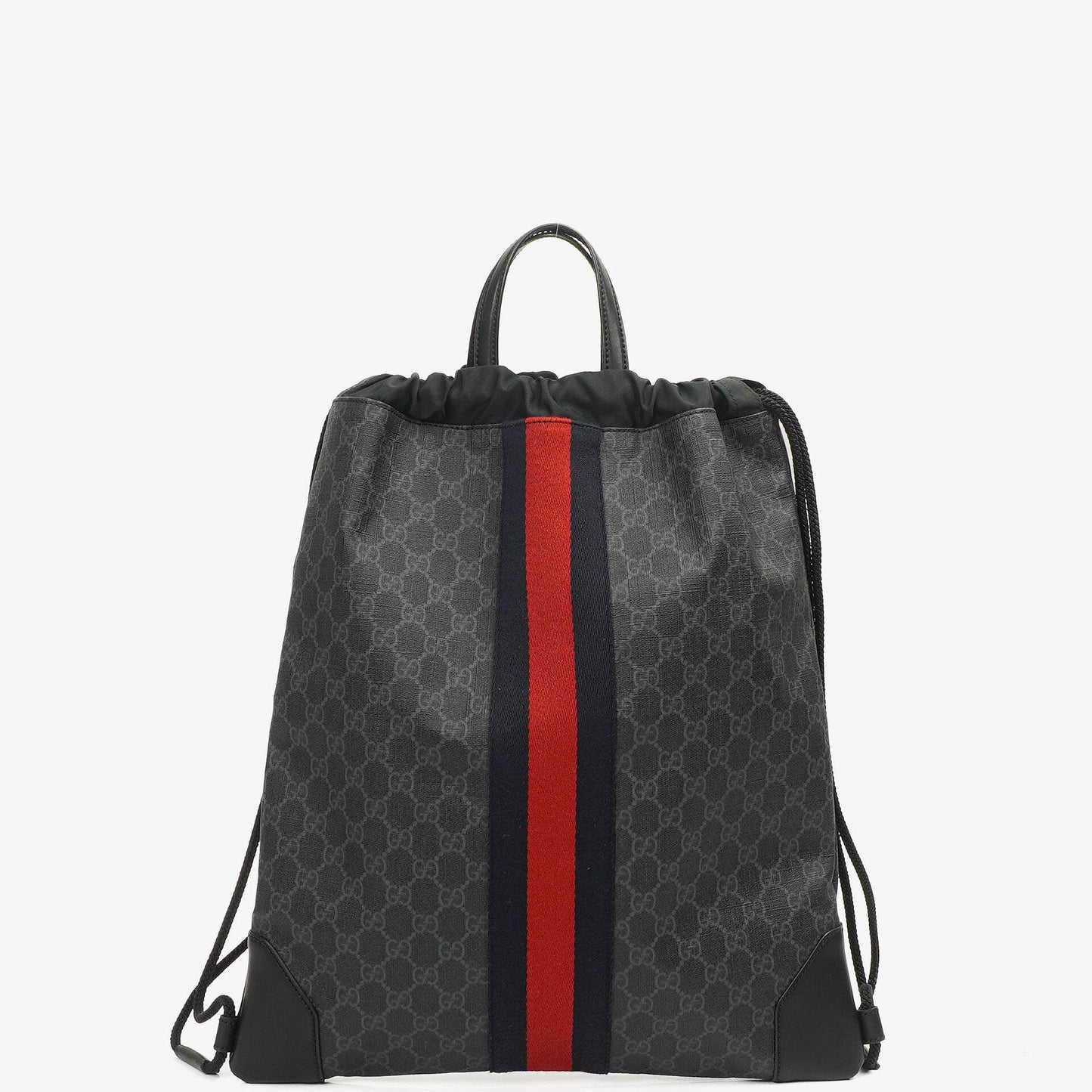 Gucci Web GG Supreme Monogram And Leather Drawstring Black Backpack