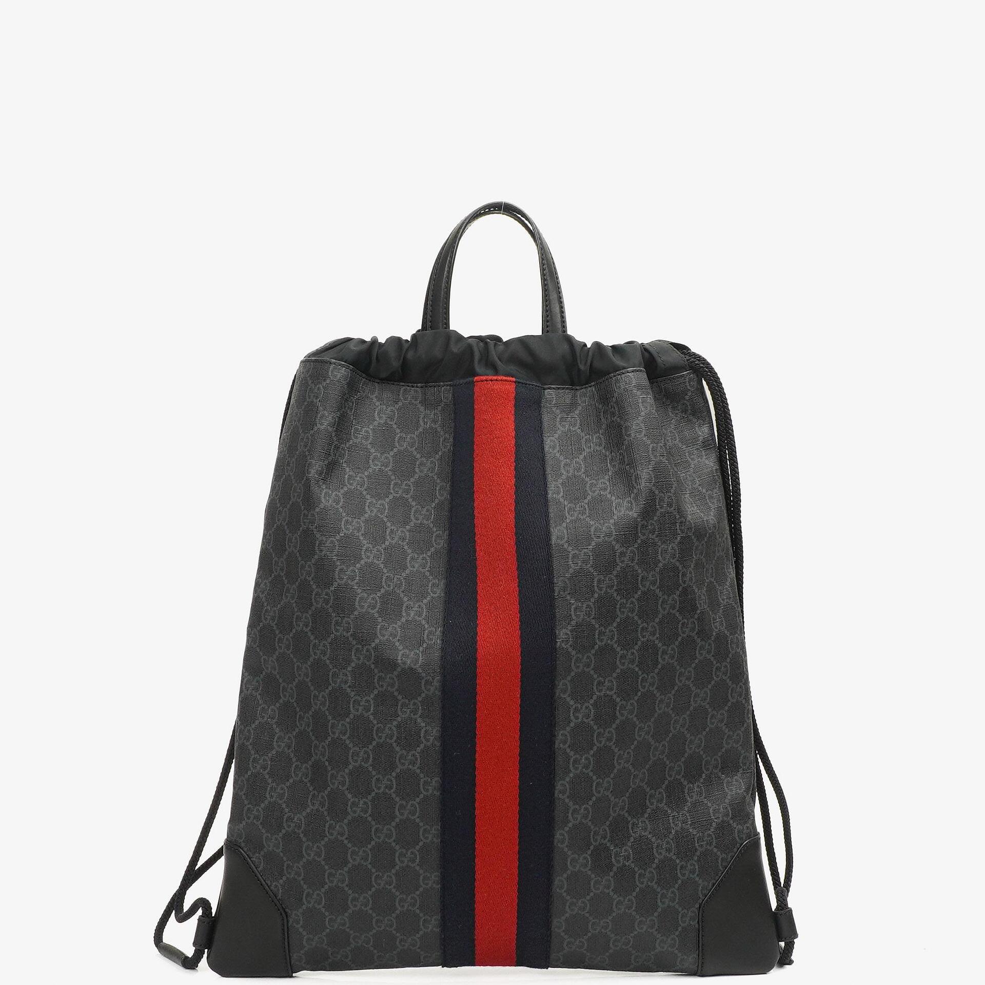 Gucci Web GG Supreme Monogram And Leather Drawstring Black Backpack