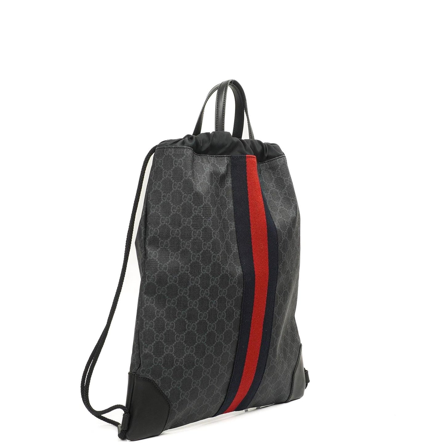Gucci Web GG Supreme Monogram And Leather Drawstring Black Backpack