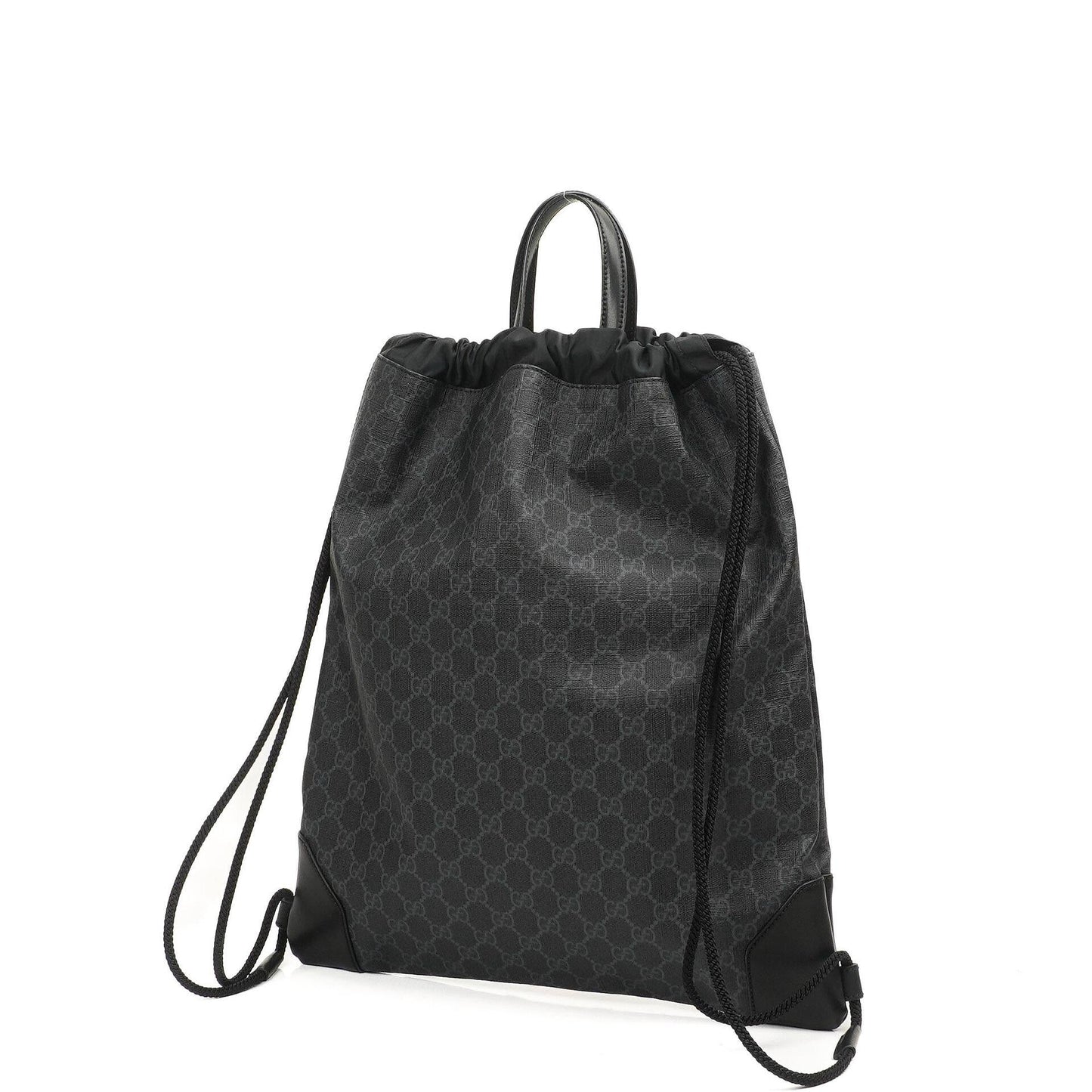 Gucci Web GG Supreme Monogram And Leather Drawstring Black Backpack