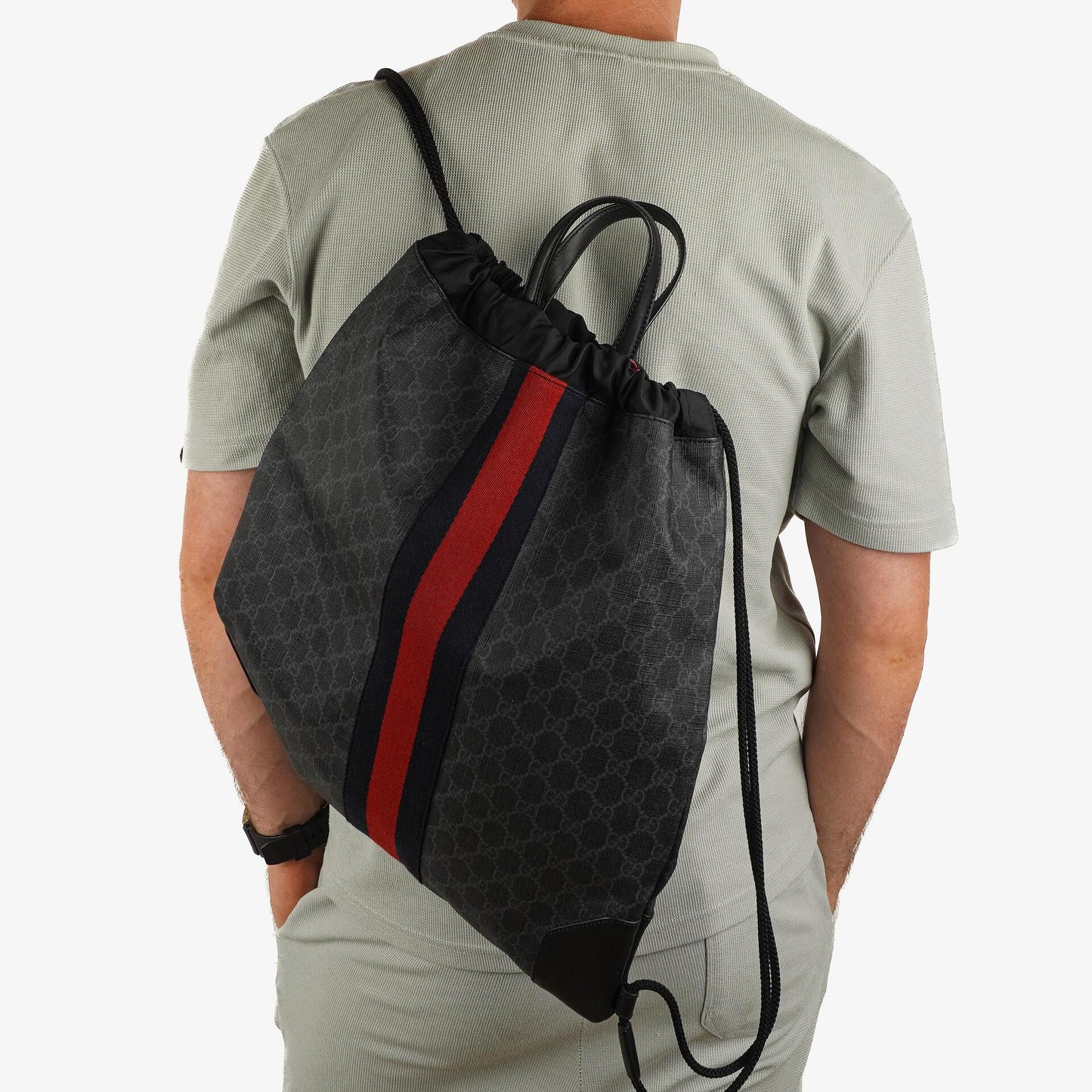 Gucci Web GG Supreme Monogram And Leather Drawstring Black Backpack