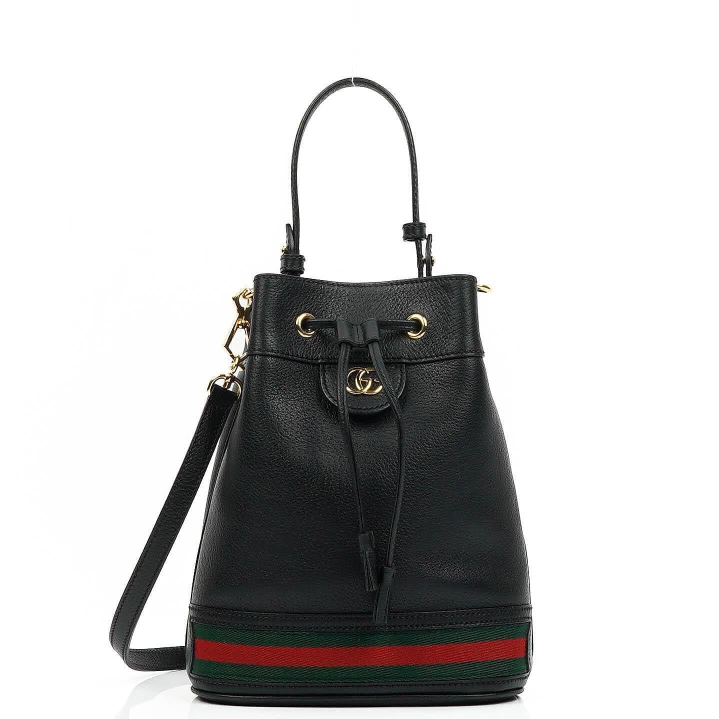 Gucci Web Ophidia Bucket Bag Small In Black Glazed Textured Calfskin