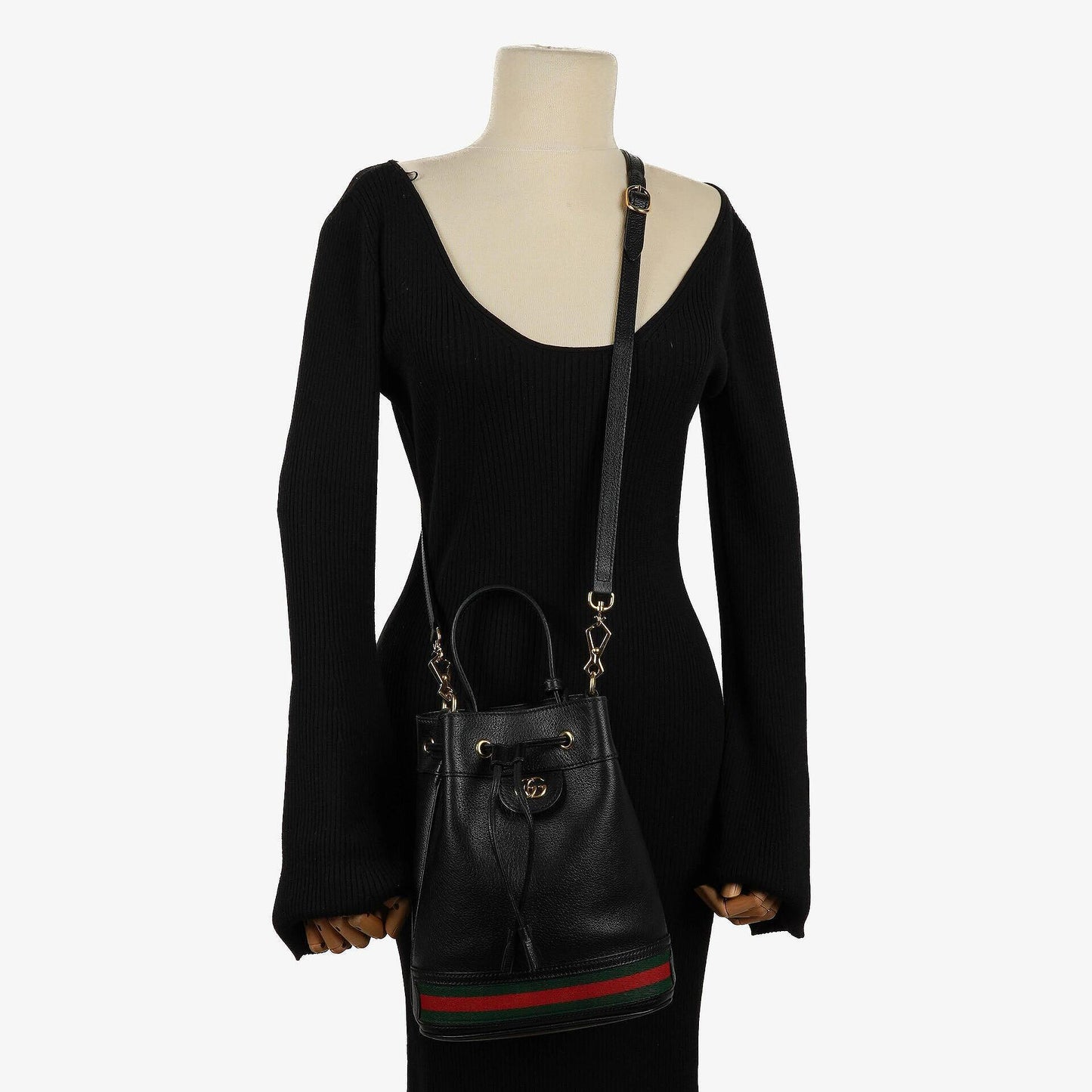 Gucci Web Ophidia Bucket Bag Small In Black Glazed Textured Calfskin