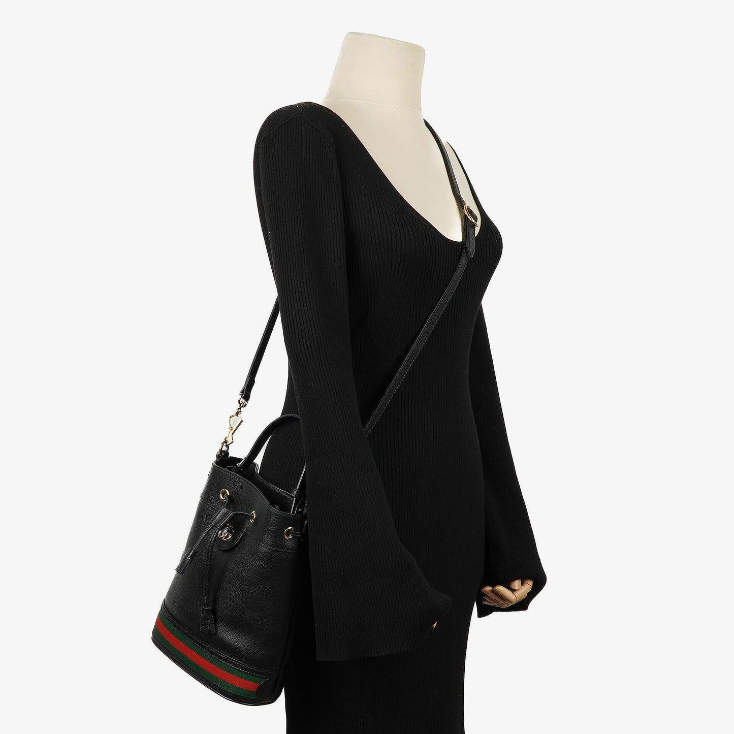 Gucci Web Ophidia Bucket Bag Small In Black Glazed Textured Calfskin
