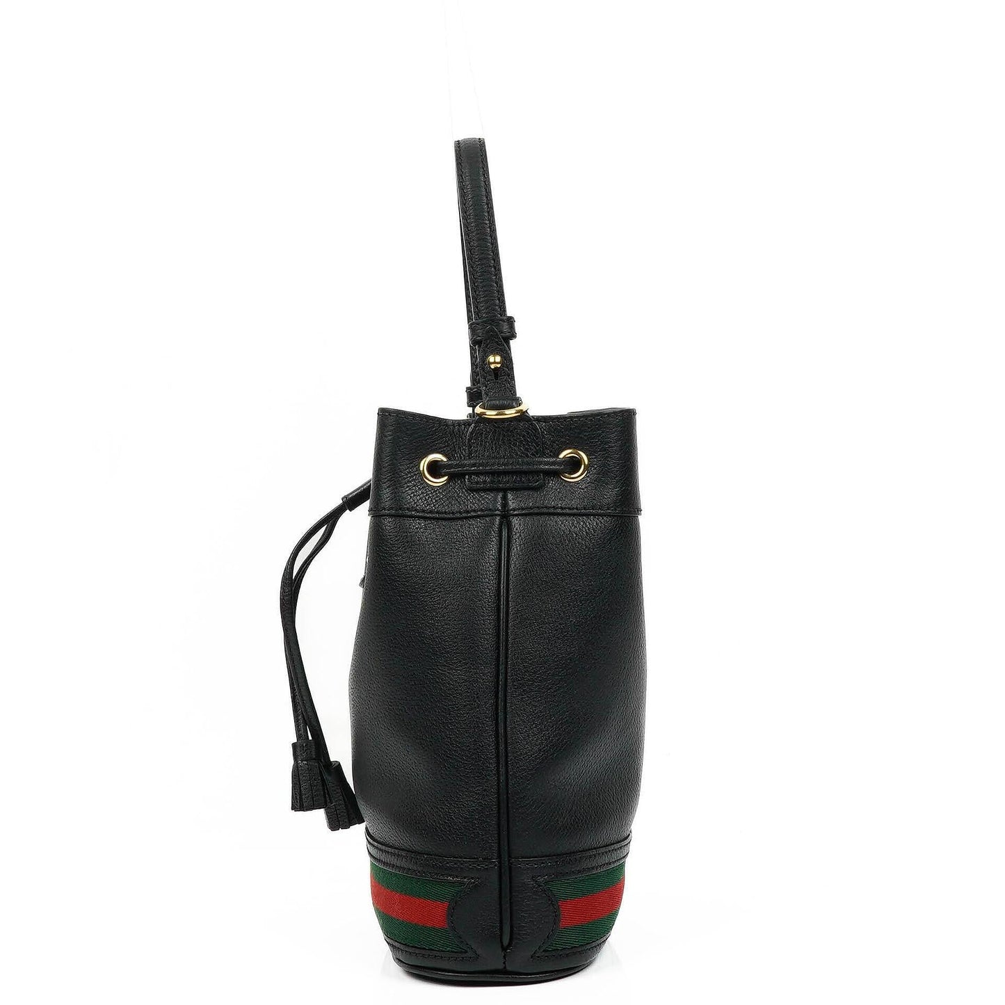 Gucci Web Ophidia Bucket Bag Small In Black Glazed Textured Calfskin