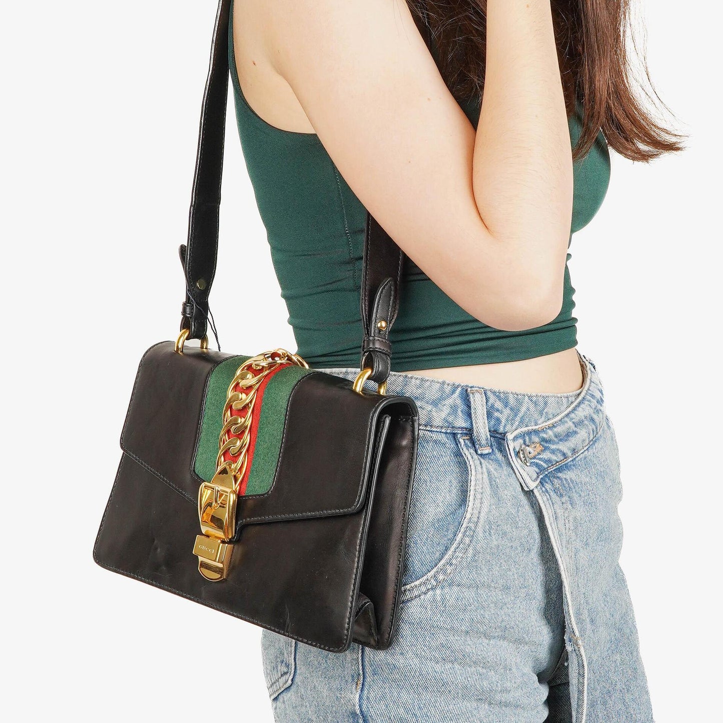 Gucci Web Sylvie Black Leather Shoulder Bag