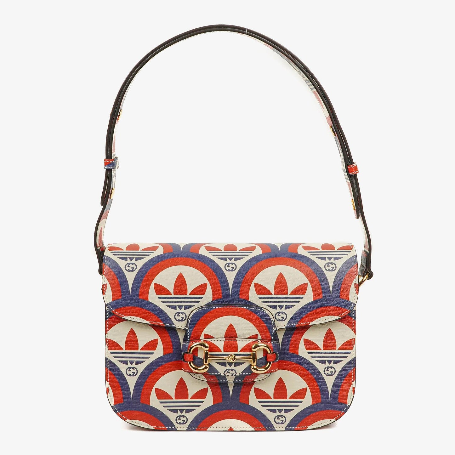 Gucci X ADIDAS Shangai Small Horsebit 1955 Calfskin Web Trefoil Interlocking G Red White Blue Shoulder Bag