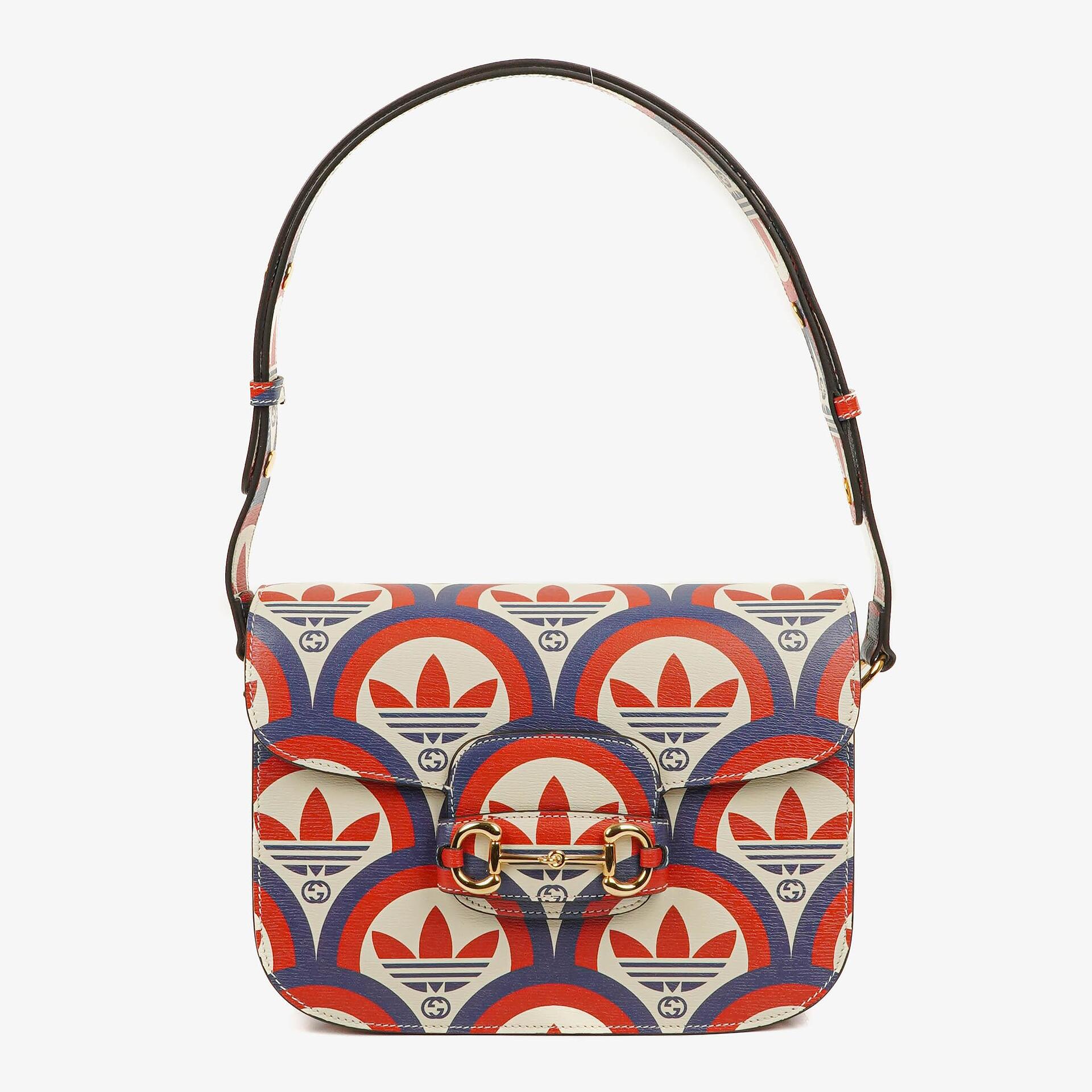 Gucci X ADIDAS Shangai Small Horsebit 1955 Calfskin Web Trefoil Interlocking G Red White Blue Shoulder Bag