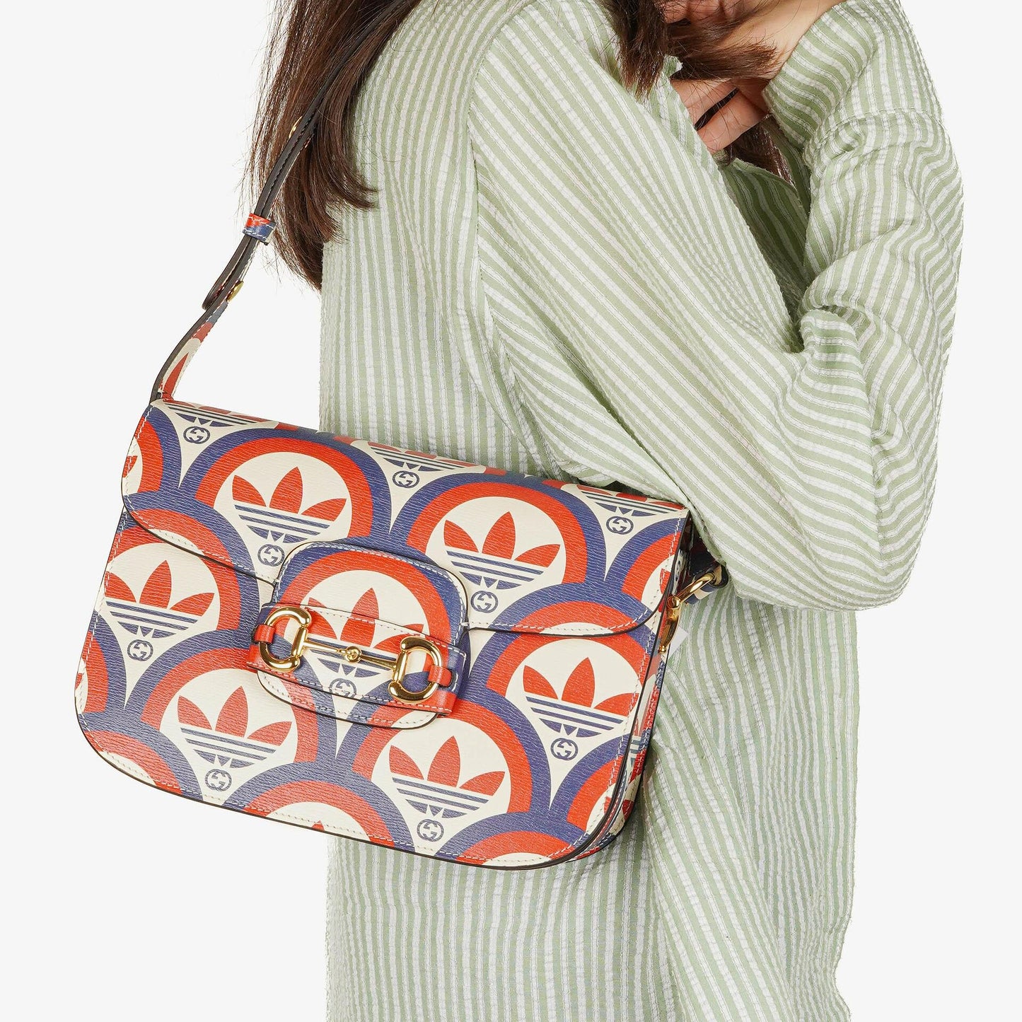 Gucci X ADIDAS Shangai Small Horsebit 1955 Calfskin Web Trefoil Interlocking G Red White Blue Shoulder Bag