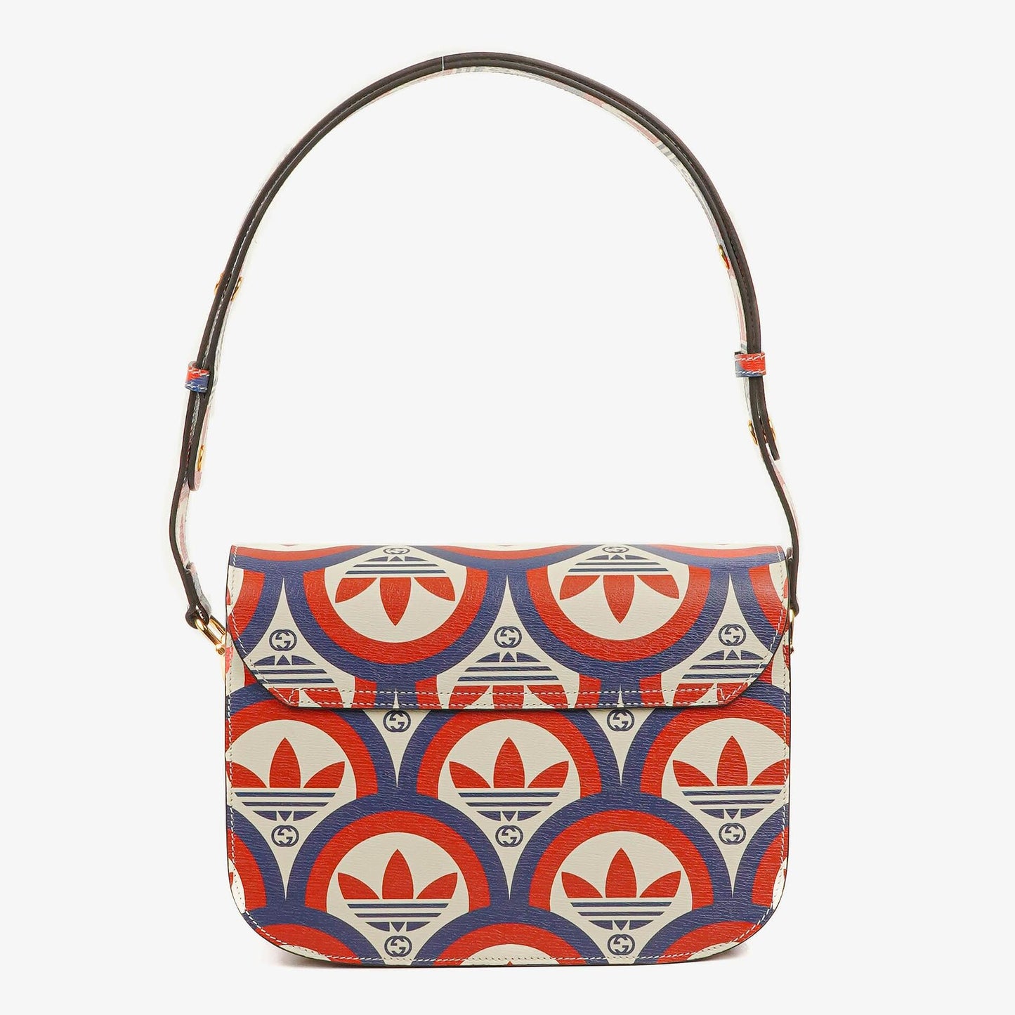 Gucci X ADIDAS Shangai Small Horsebit 1955 Calfskin Web Trefoil Interlocking G Red White Blue Shoulder Bag