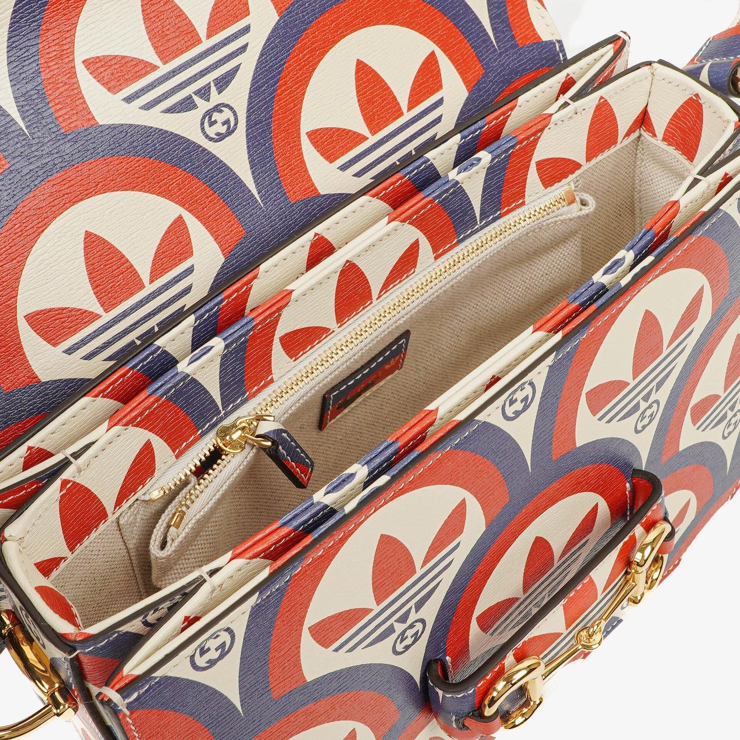 Gucci X ADIDAS Shangai Small Horsebit 1955 Calfskin Web Trefoil Interlocking G Red White Blue Shoulder Bag