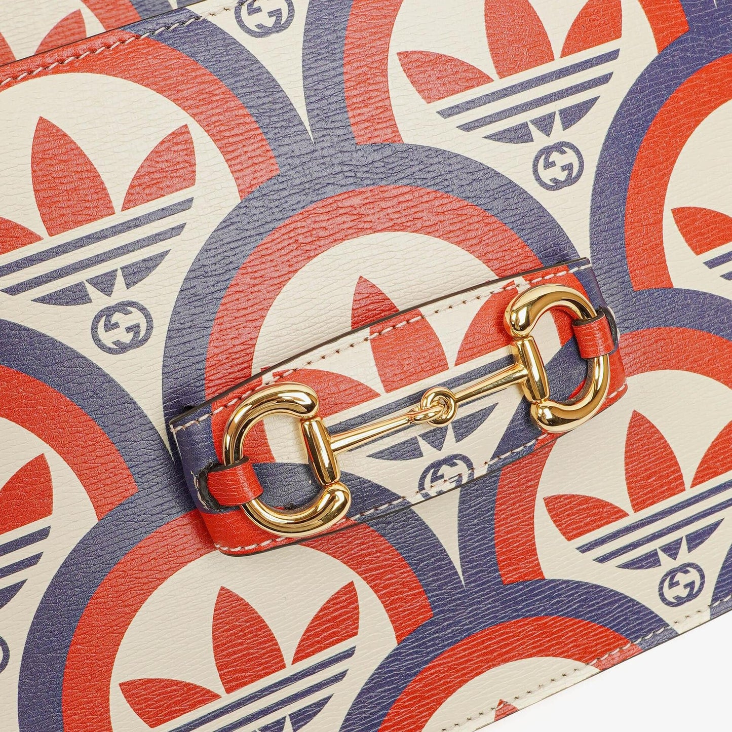 Gucci X ADIDAS Shangai Small Horsebit 1955 Calfskin Web Trefoil Interlocking G Red White Blue Shoulder Bag