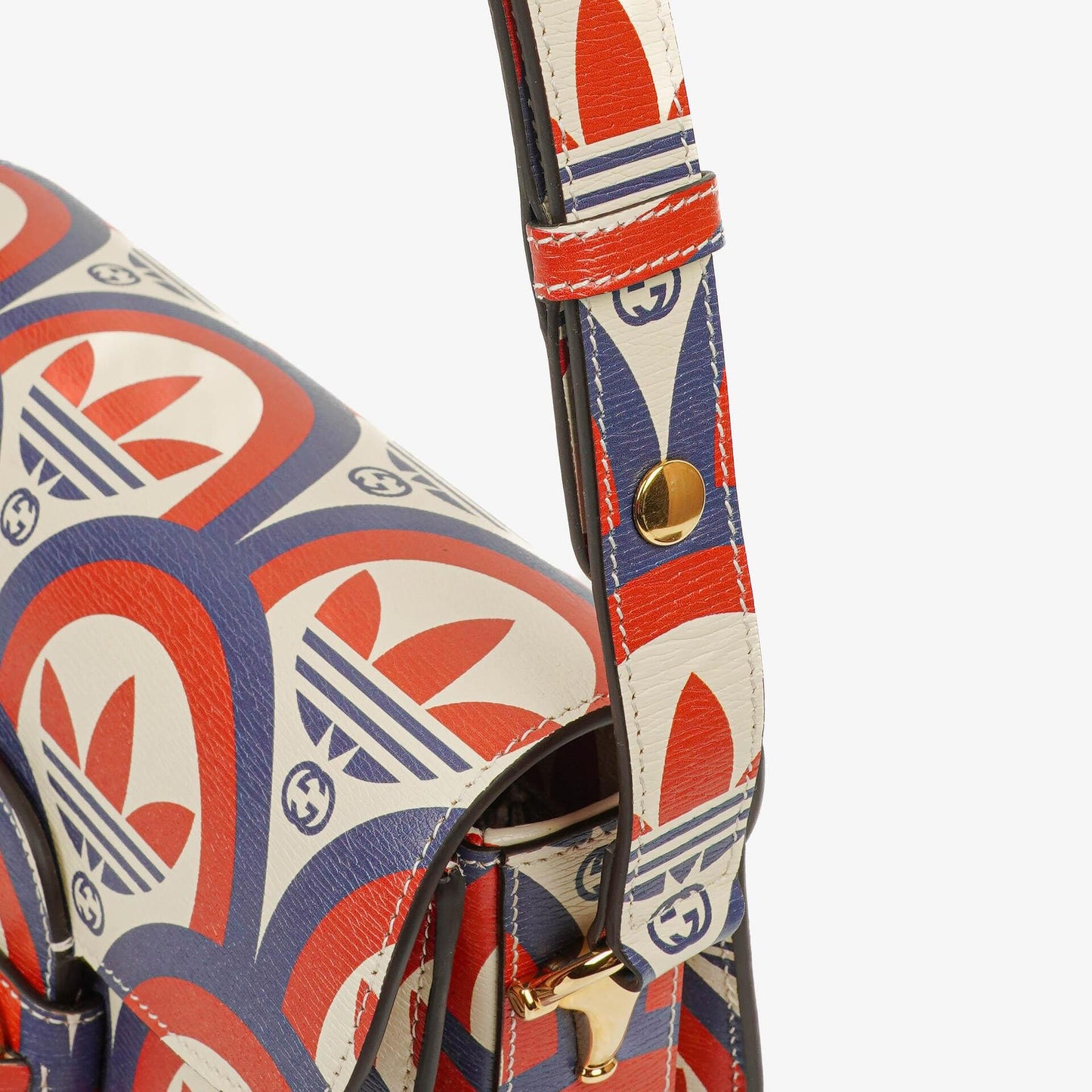 Gucci X ADIDAS Shangai Small Horsebit 1955 Calfskin Web Trefoil Interlocking G Red White Blue Shoulder Bag