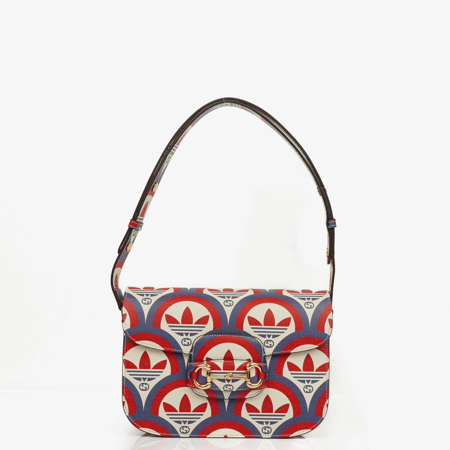 Gucci X ADIDAS Shangai Small Horsebit 1955 Calfskin Web Trefoil Interlocking G Red White Blue Shoulder Bag