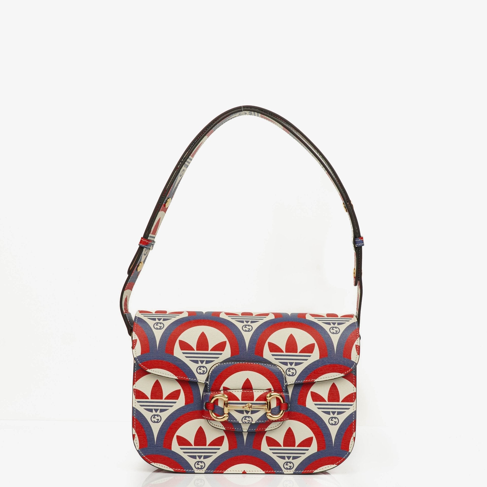 Gucci X ADIDAS Shangai Small Horsebit 1955 Calfskin Web Trefoil Interlocking G Red White Blue Shoulder Bag