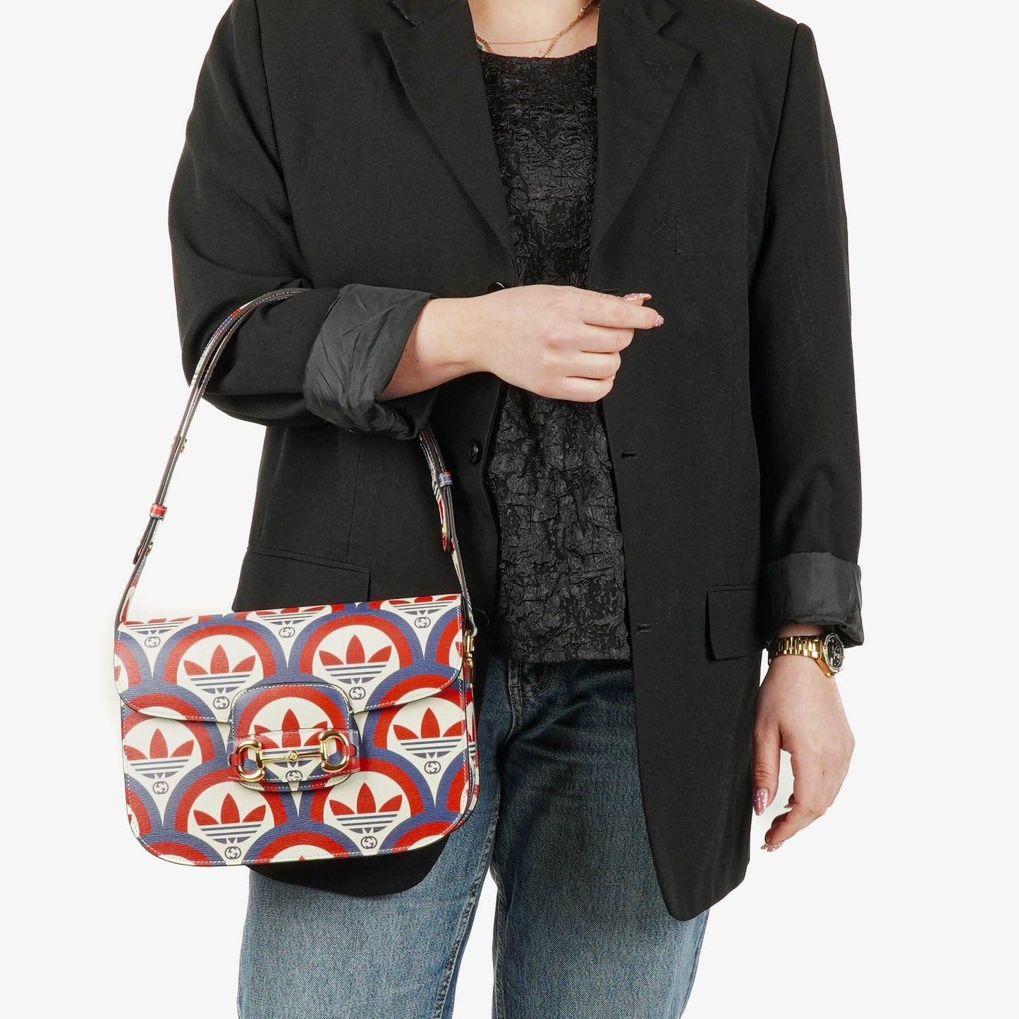 Gucci X ADIDAS Shangai Small Horsebit 1955 Calfskin Web Trefoil Interlocking G Red White Blue Shoulder Bag