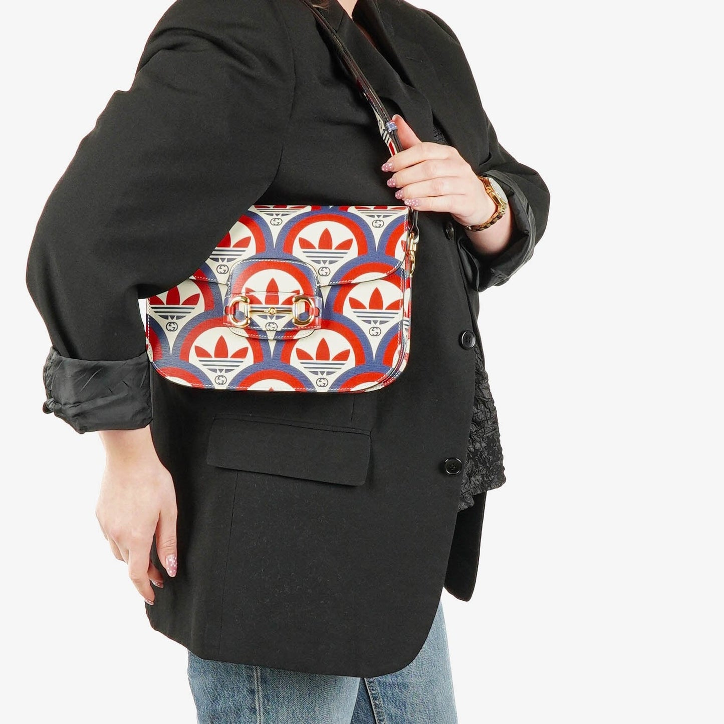 Gucci X ADIDAS Shangai Small Horsebit 1955 Calfskin Web Trefoil Interlocking G Red White Blue Shoulder Bag