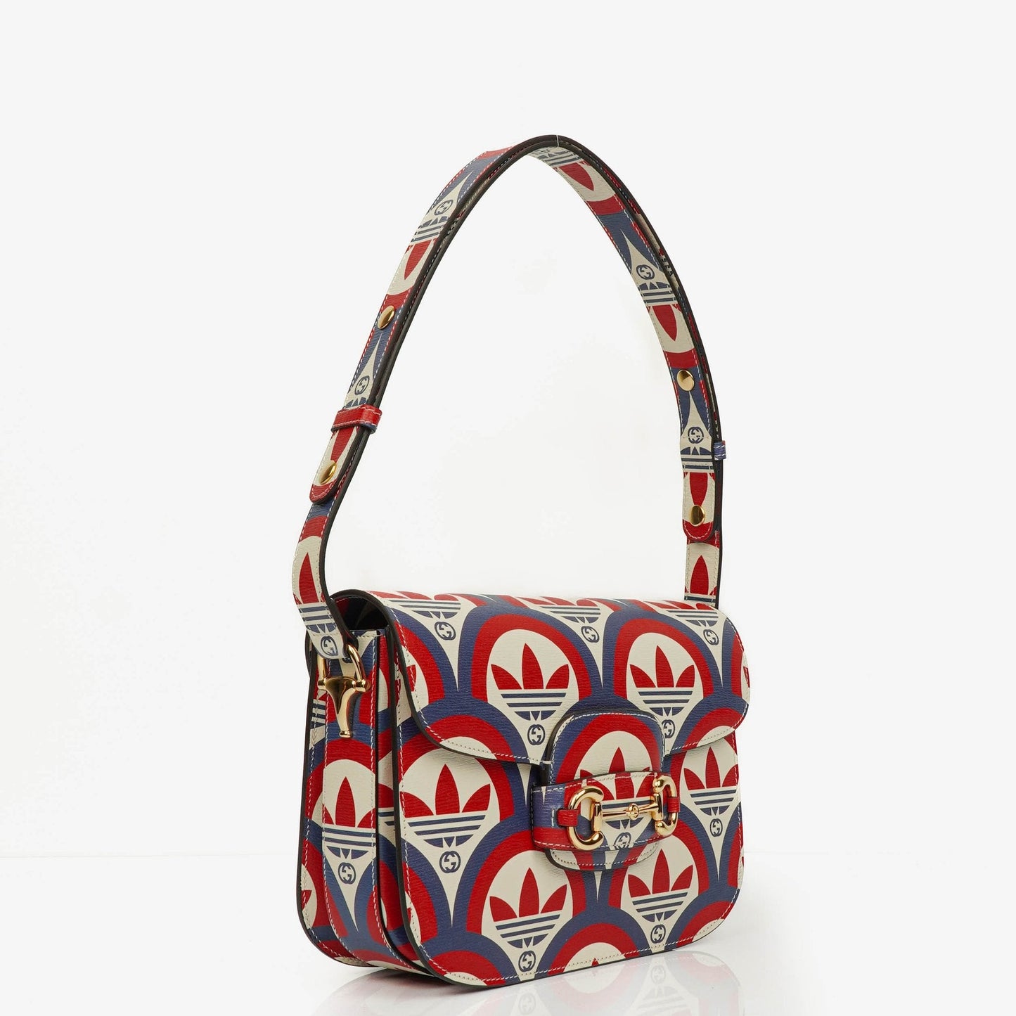 Gucci X ADIDAS Shangai Small Horsebit 1955 Calfskin Web Trefoil Interlocking G Red White Blue Shoulder Bag