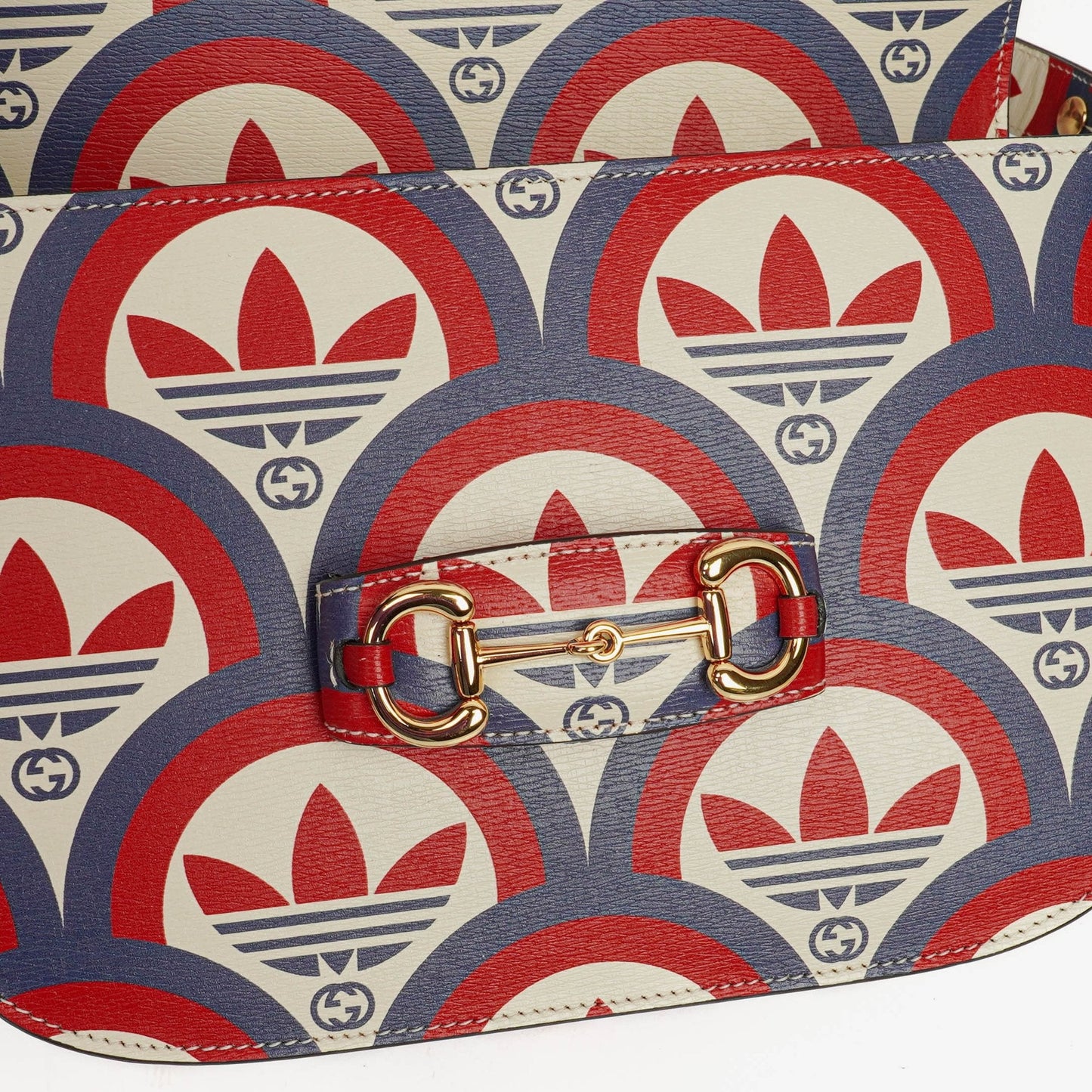 Gucci X ADIDAS Shangai Small Horsebit 1955 Calfskin Web Trefoil Interlocking G Red White Blue Shoulder Bag