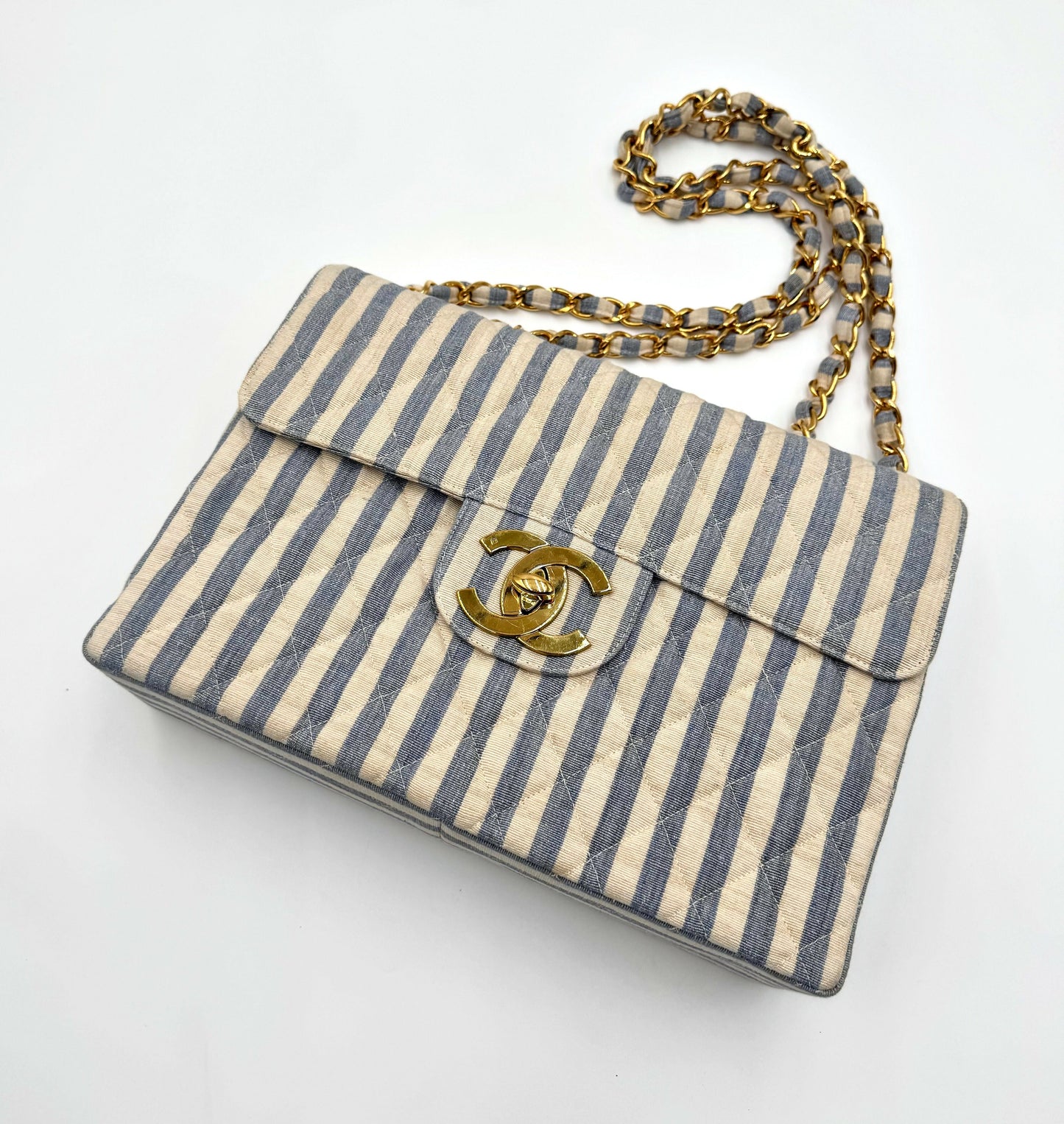 Chanel  1990s Jumbo Blue and White Striped Linen and Cotton Classic Flap Bag