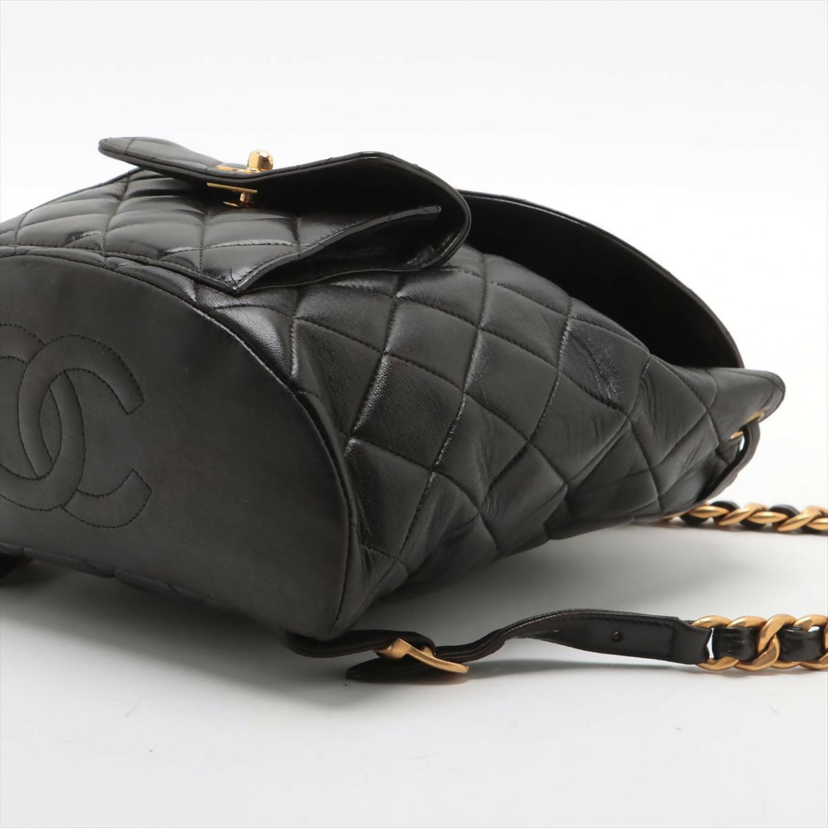 Chanel  Black Lambskin Diamond-Quilted Flap Backpack